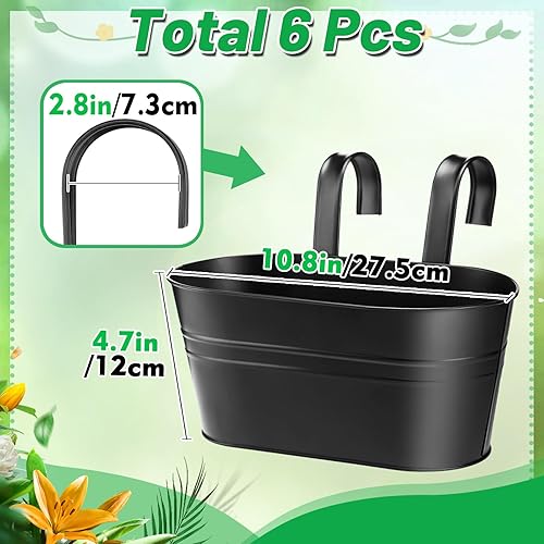 Miniatura 6 de MADHOLLY Maceta con orificios de drenaje, 6 macetas resistentes para valla de barandilla, macetas de metal estilo campestre para hierbas, balcón,