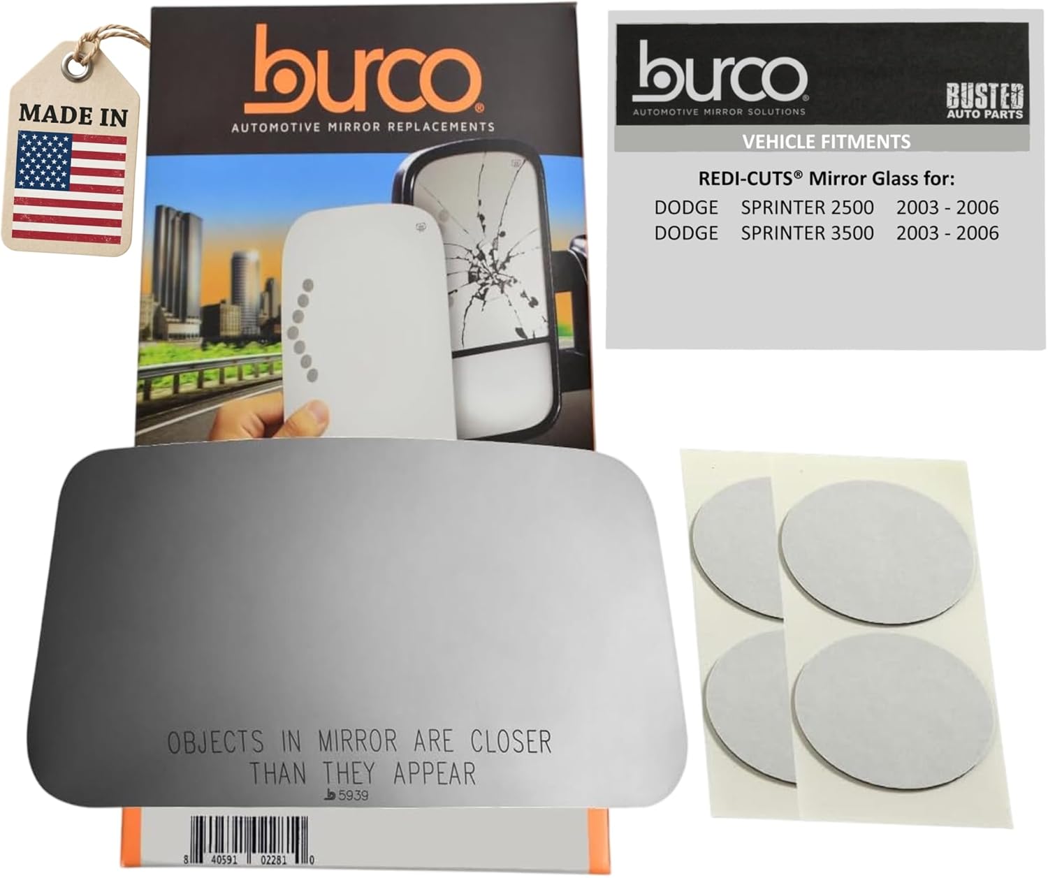Burco 5939 Upper Convex Driver/Passenger Side Foldaway Non-Heated Mirror Glass, OEM# 5103592AB/5103593AB, Fits Dodge Sprinter 2500 2003-2006 and 3500 2003-2006, Drop Fit Heated or Non-Heated Mirrors