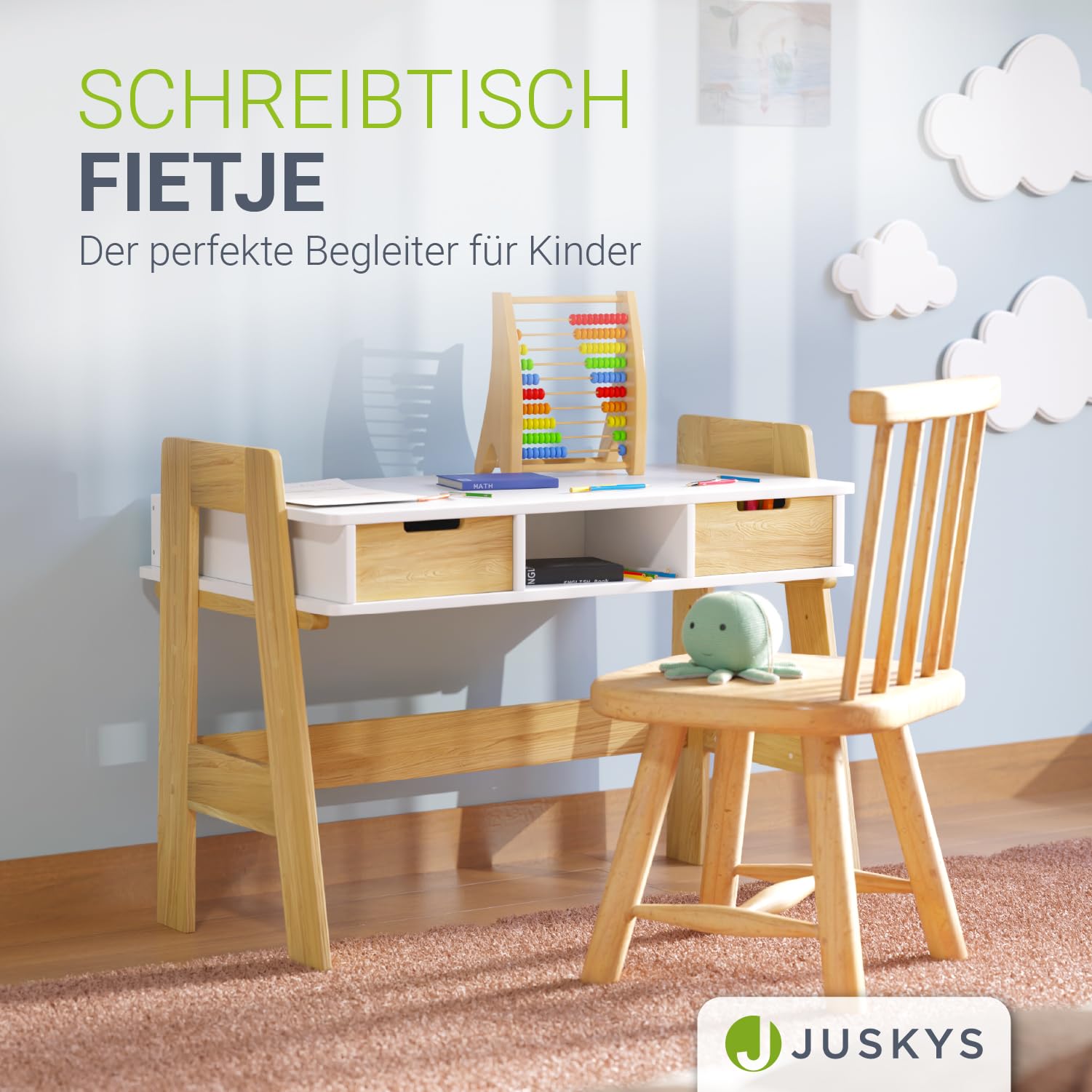 Juskys Kinderschreibtisch Fietje - Höhenverstellbarer Schreibtisch für Kinder, aus Holz, mit 2 Schubladen und viel Stauraum - Lerntisch in Weiß