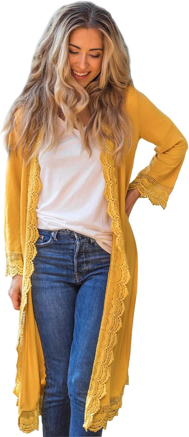 3/4 Sleeve Lace Trim Cardigan (Mustard 