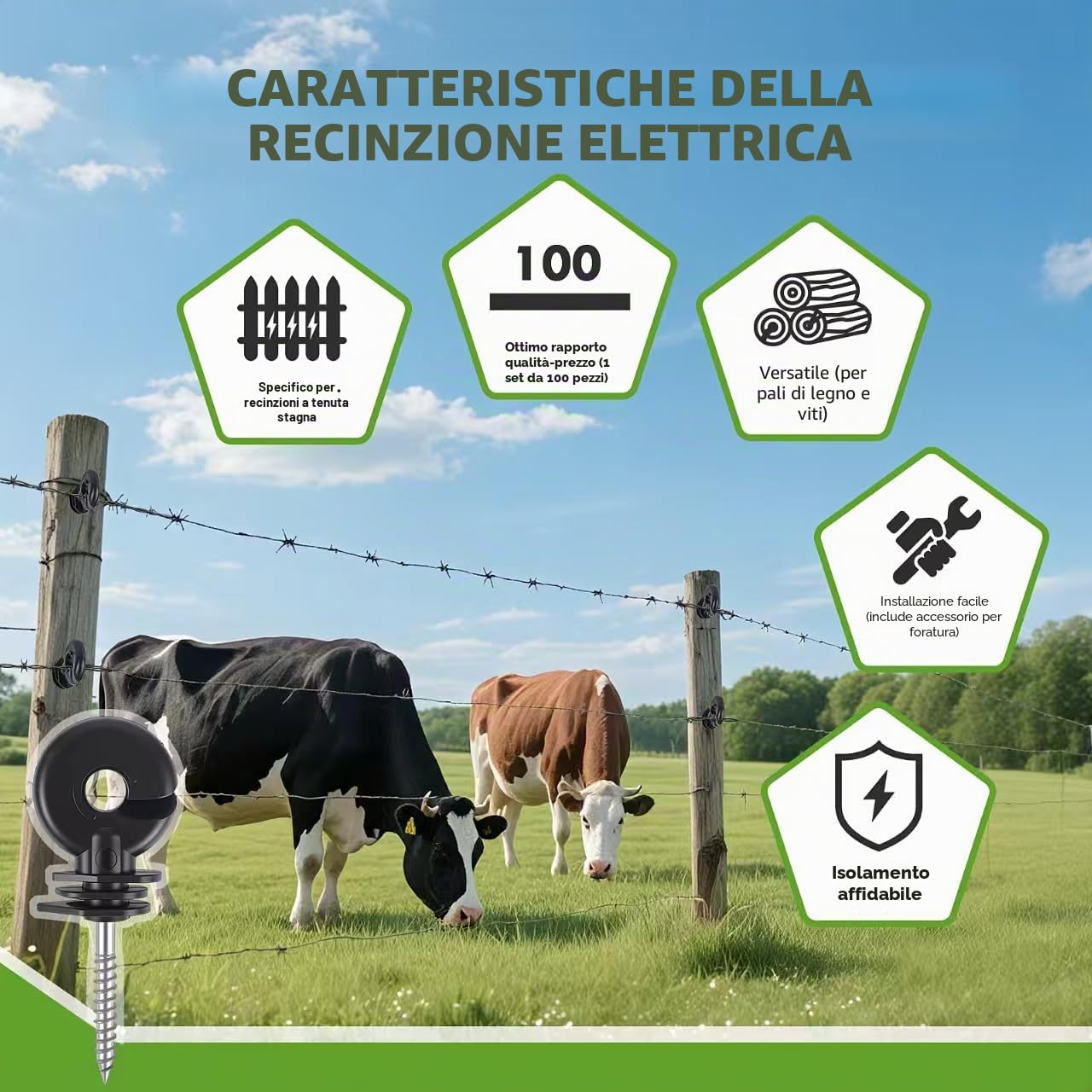100 Pezzi di Isolatori ad Anello per Recinzione Elettrica, Isolatori per Recinzione da Pascolo con Chiave a Bussola, Pali Isolanti ad Anello Avvitabili per Corde, Fili e Trefoli