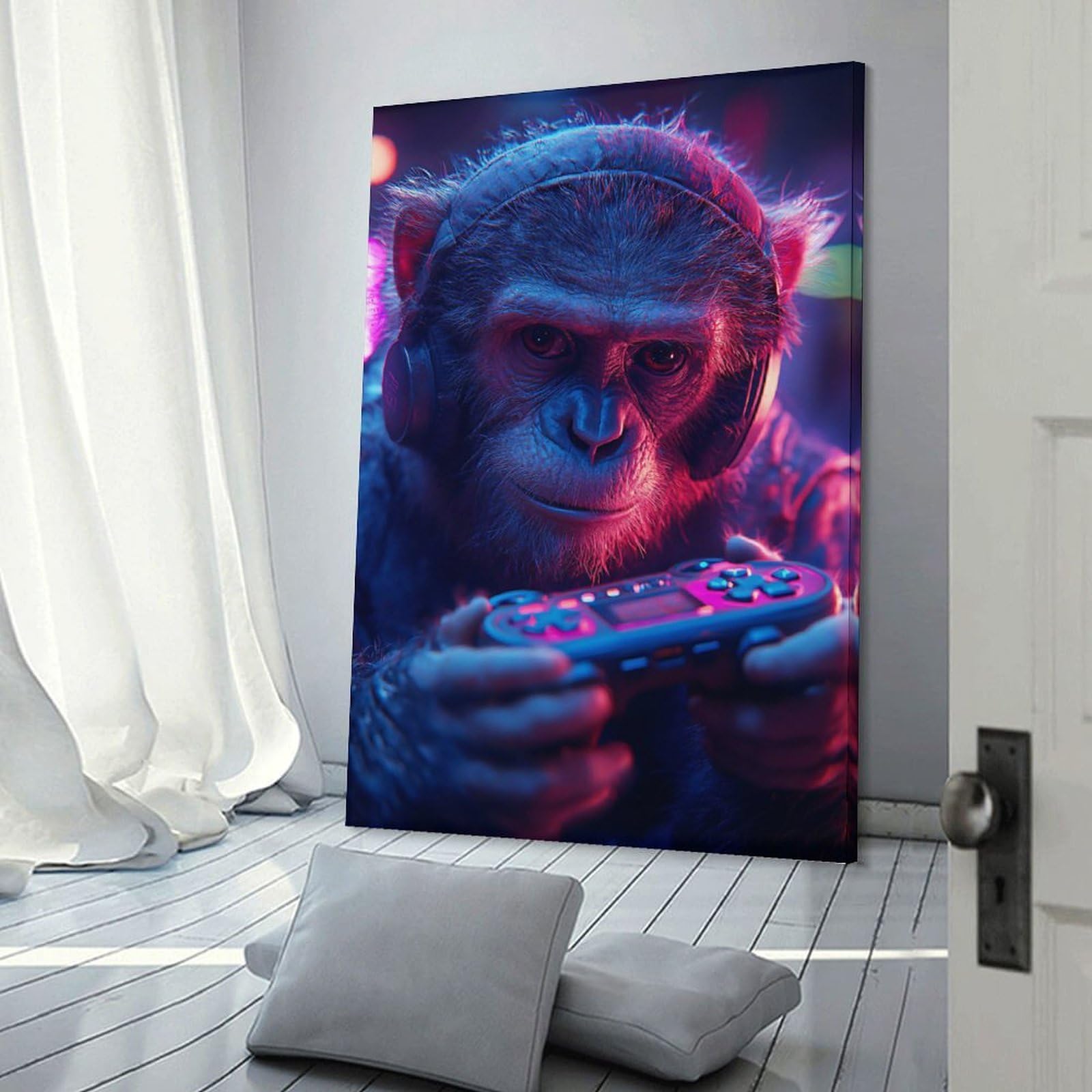 Junmoney Frame-Style-7-2 Canvas Wall Art Monkey Gamer With Headset And Controller, 24X36inch(60X90cm), For New Homes, Bedrooms Or Workspaces, Canvas Artwork With Gifting Potential