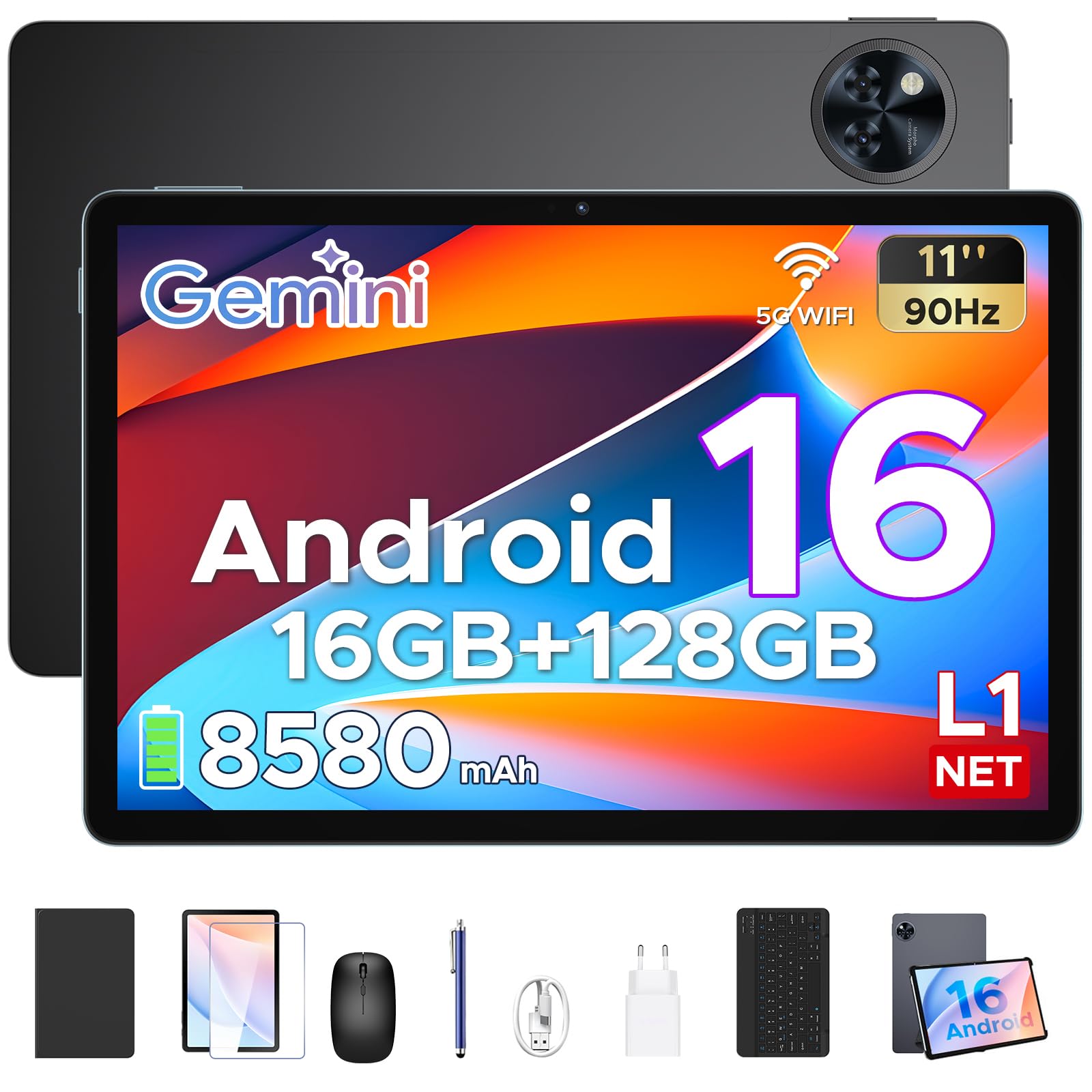 Android 16 Tablet Con Tastiera, Tablet 11 Pollici Gemini AI, Unisoc T7200 Octa-Core, 16GB+128GB, 8580mAh&90Hz, WiFi 5G, Widevine L1, Face ID, GPS, OTG, Audio 3.5mm,Tablet Con Penna