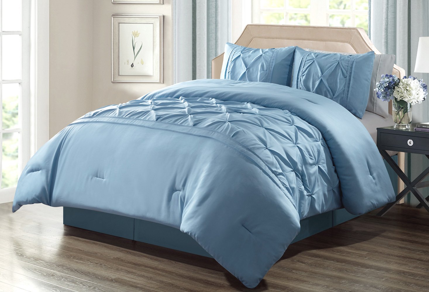 Grand Linen 3 Piece King Size Solid Light Blue Double-Needle Stitch Puckered Pinch Pleat Stripe Duvet Cover Set