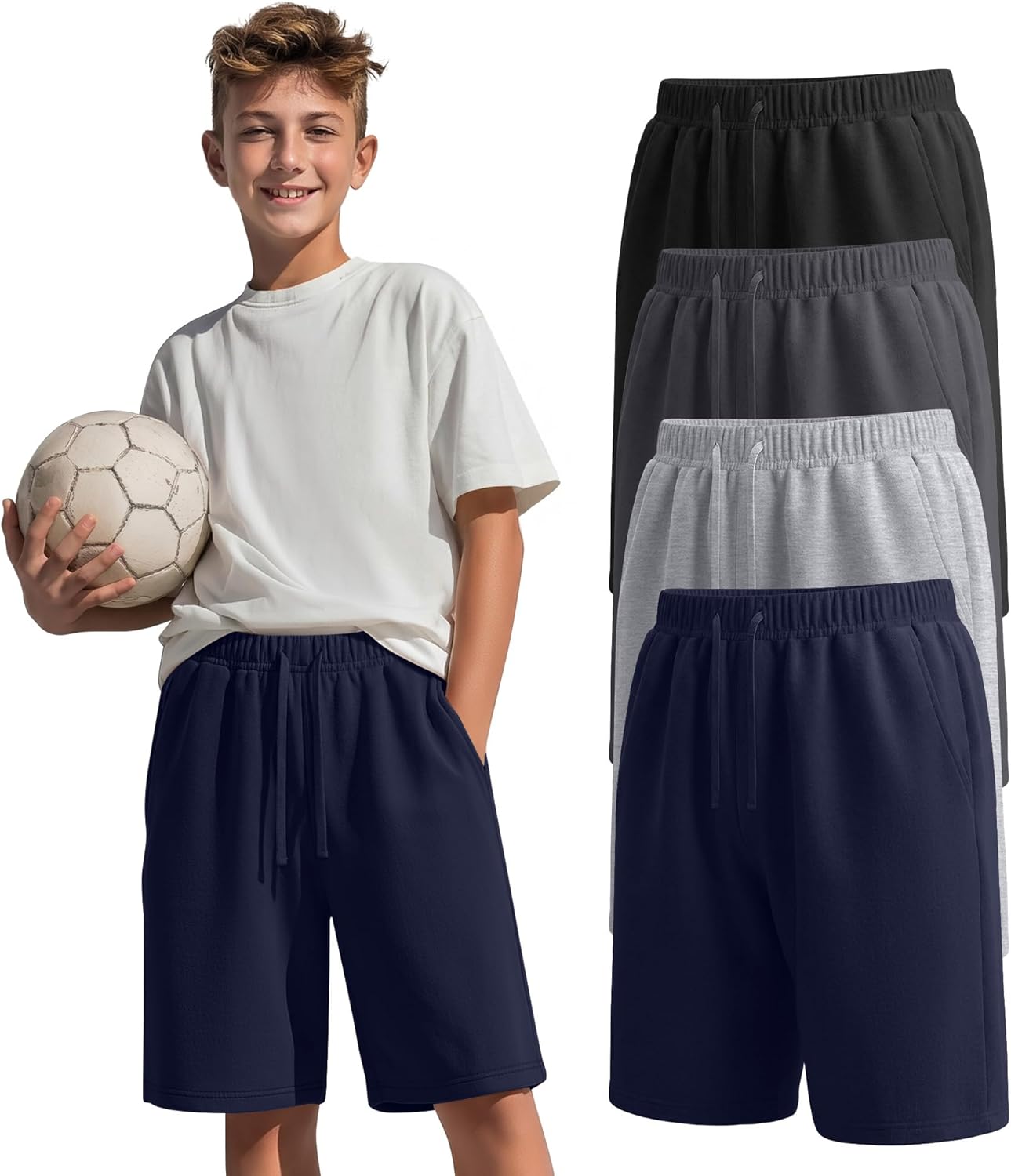 Oakgarden 4 Pack Boys Shorts Athletic Sweat Shorts Drawstring Kids Baggy Active Summer Clothes with Pockets for 7-16y