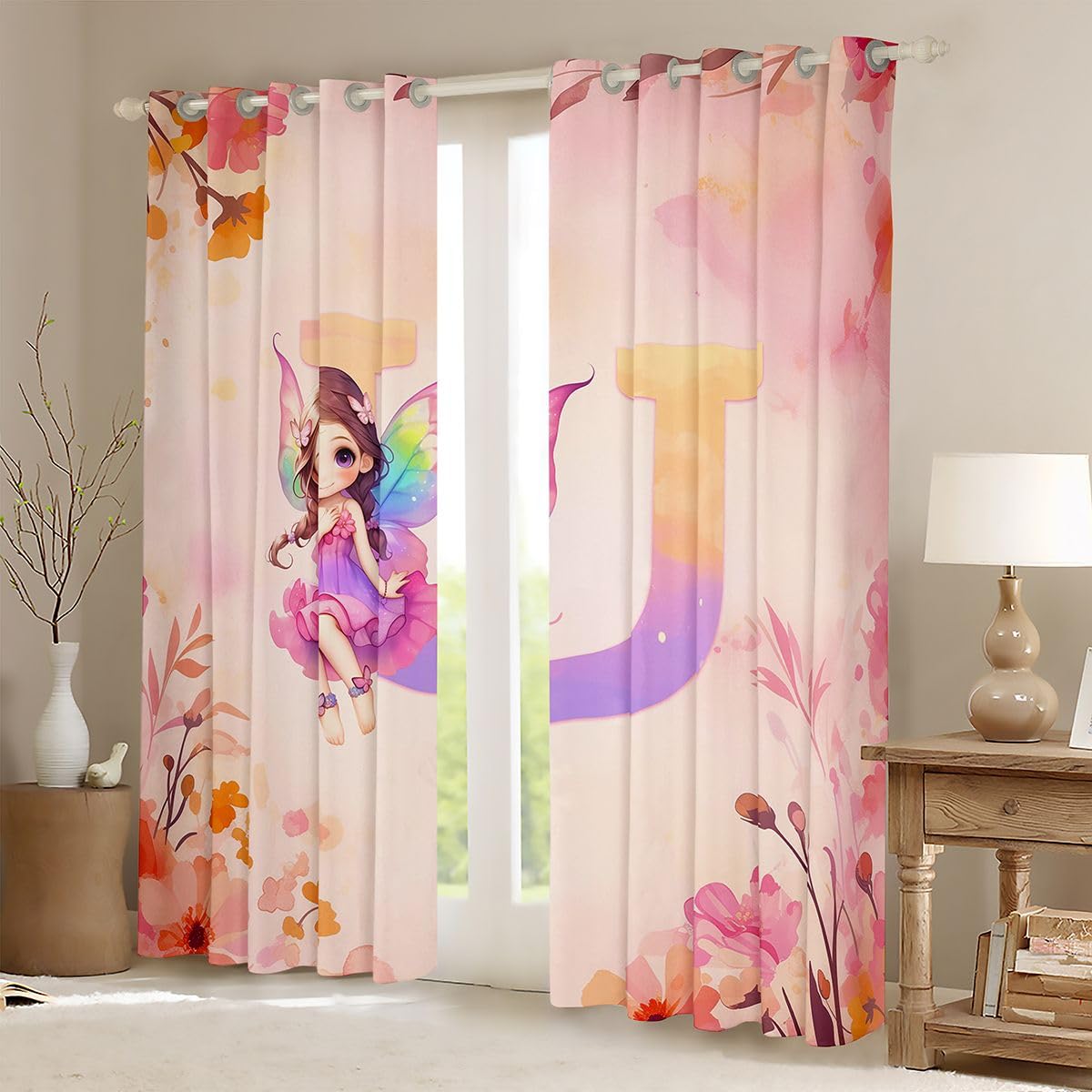 Homewish Monogram zasłony okienne w kształcie litery U, 132 x 160 cm, 2 zestawy paneli – urocze zasłony zaciemniające do ogrodu z bajką, spersonalizowane wróżki, dekoracje okienne, różowe boho
