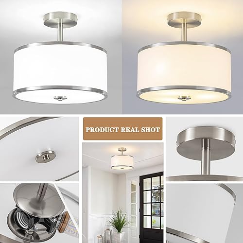Vista 40 de BUXVRCS Semi Flush Mount Ceiling Light Fixture, 3-Light Drum Lighting Fixtures, Hallway Light Fixture Ceiling Mount with Fabric Shade, Close to