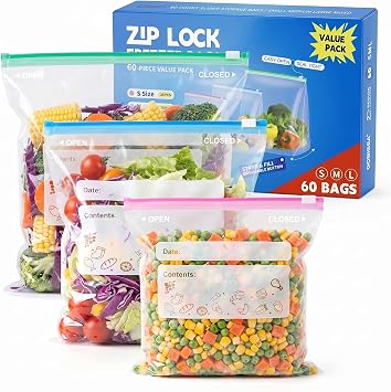 60-Pack Zip Lock Freezer Bags, 3 Sizes S/M/L Zip Seal Food Storage Bags, BPA-Free Ziplock Food Bags with Expandable Bottom for Fruits, Veggies, Meat, Snacks, Grains