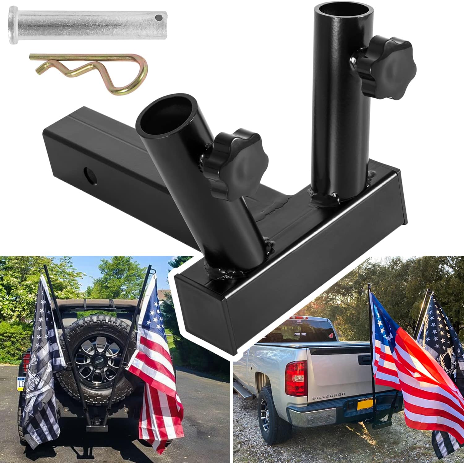 Hitch Mount Dual Flag Pole Holder for Jeep SUV RV Pickup Car Truck Camper Trailer Universal for Standard 2 inch Hitch Receivers Bracket with Anti-Wobble Screw (Black Dual)