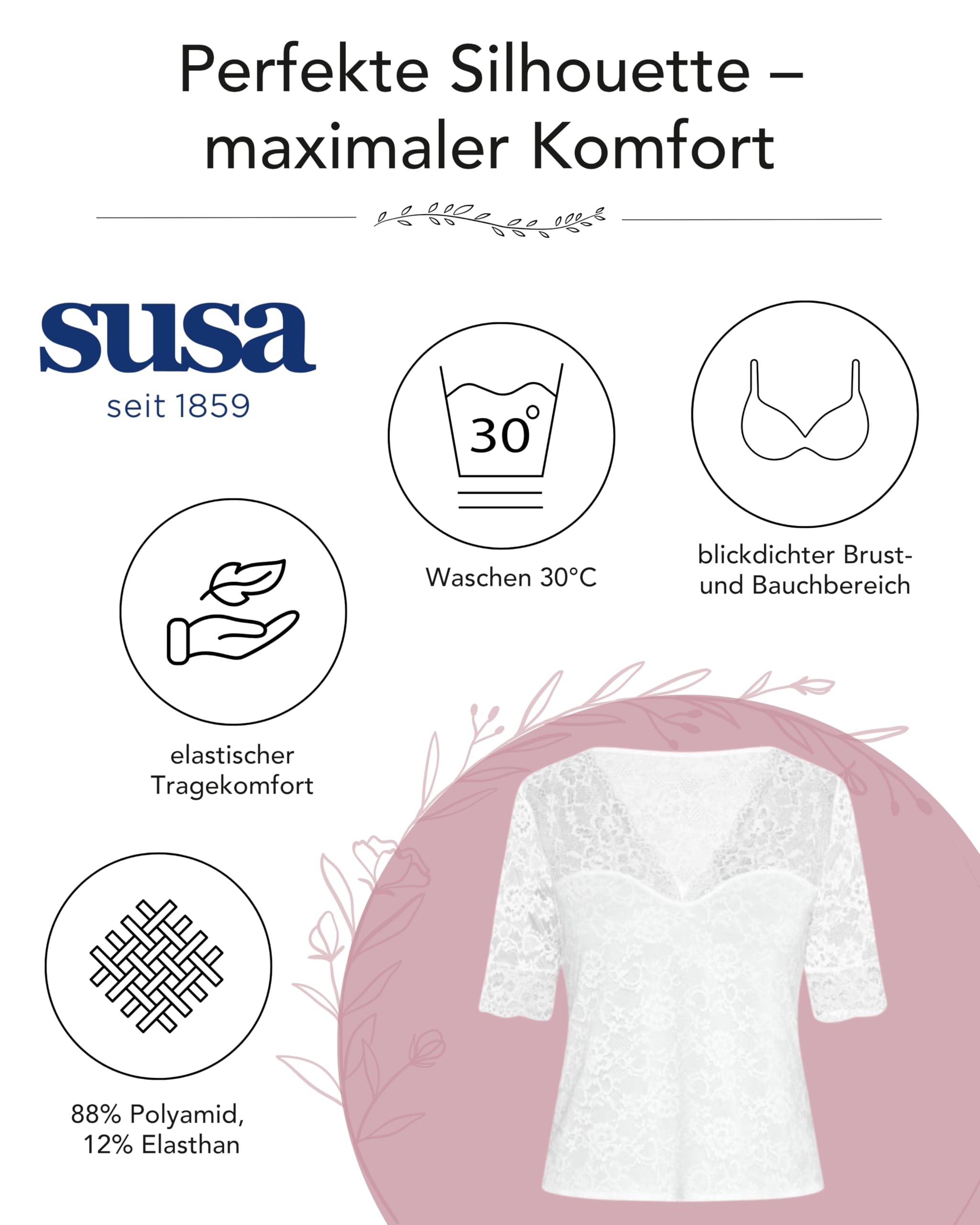SUSA Damen Dirndlbluse - 5576 - Größe 32-44 - Mit floraler Spitze & V-Ausschnitt - Elegante halbarm Trachtenbluse - Elastisch & Blickdicht - Ideal für traditionelle Feierlichkeiten & Feste