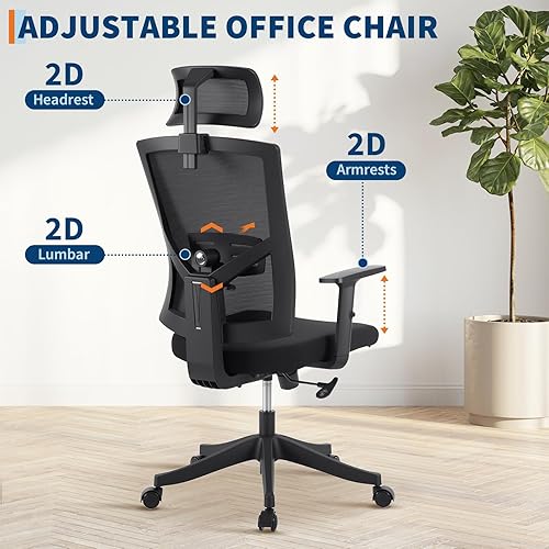 Miniatura 4 de Silla de oficina ergonómica de respaldo alto, soporte lumbar ajustable y reposacabezas, silla de tareas giratoria con reposabrazos hacia arriba,