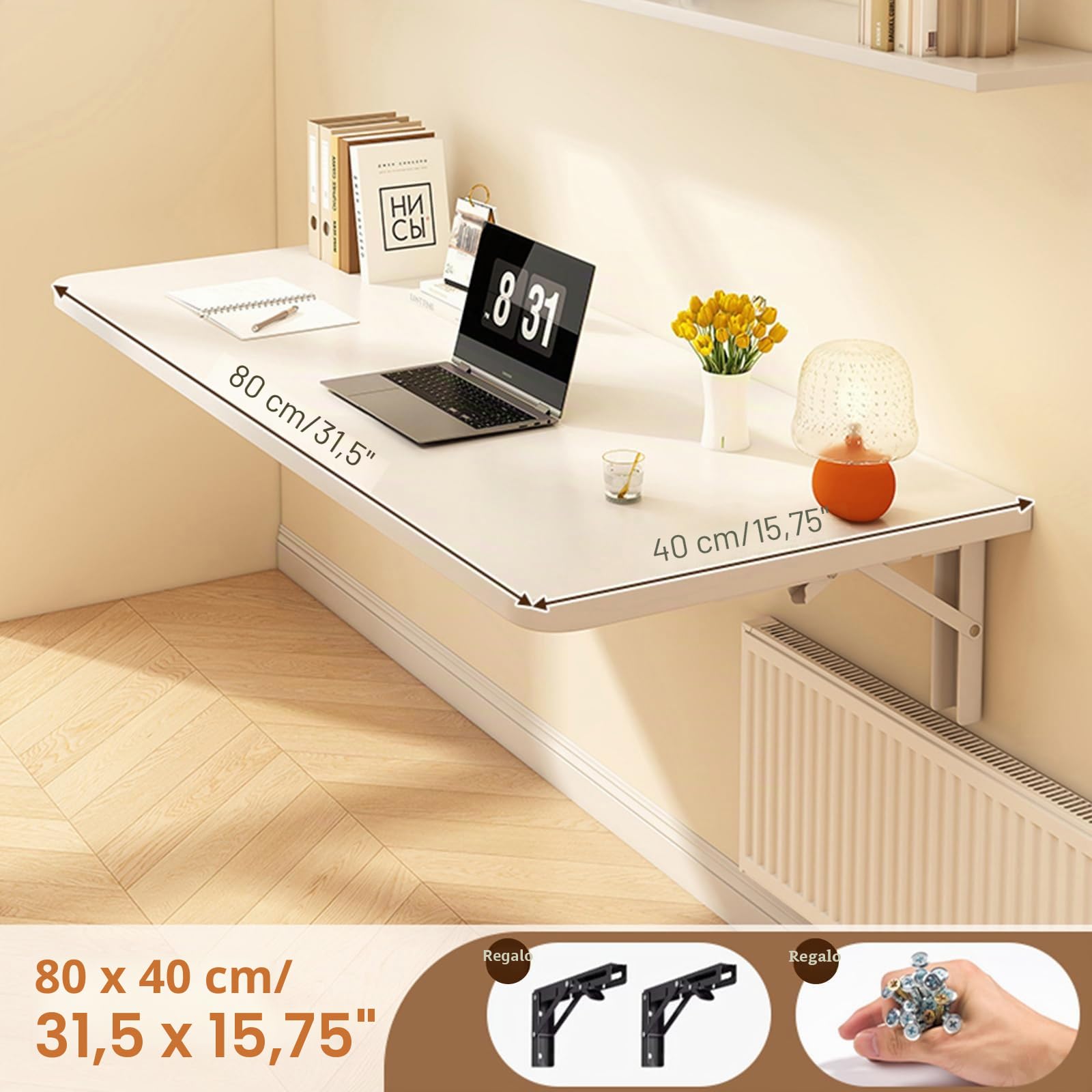 Mesa Plegable de Pared 80 x 40 cm, Mesa Abatible Multifuncional para Cocina, Comedor y Estudio, Escritorio Flotante Ahorrador de Espacio, Blanco
