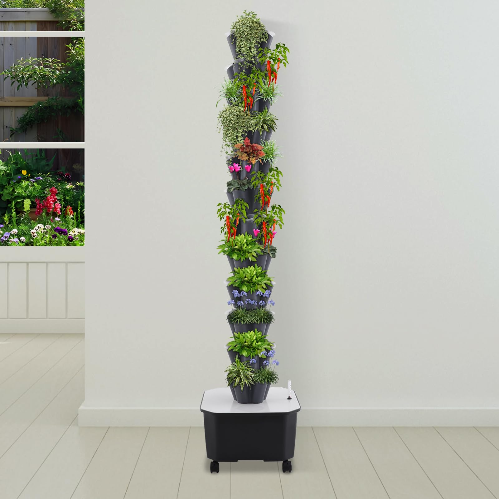 60 Löcher Hydroponic Tower, 12 Etagen Tower Growing System Kit, Hydroponisches Anbausystem mit Hydratationspumpe, Garten Hydroponischer Turm mit 25L Wassertank, Geeignet für Obst, Gemüse(Grau)