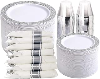 WELLIFE 350 Pieces Silver Disposable Plastic Dinnerware, Silver Lace Plates for Wedding & Party, Includes:50 Dinner Plates, 50 Dessert Plates, 50 Cups, 50 Pre Rolled Napkins with Silver Cutlery