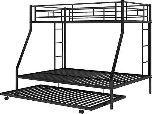 Miniatura 6 de BOVZA Litera individual sobre cama matrimonial con nido, marco de cama de metal resistente con dos escaleras laterales y barandilla de protección de