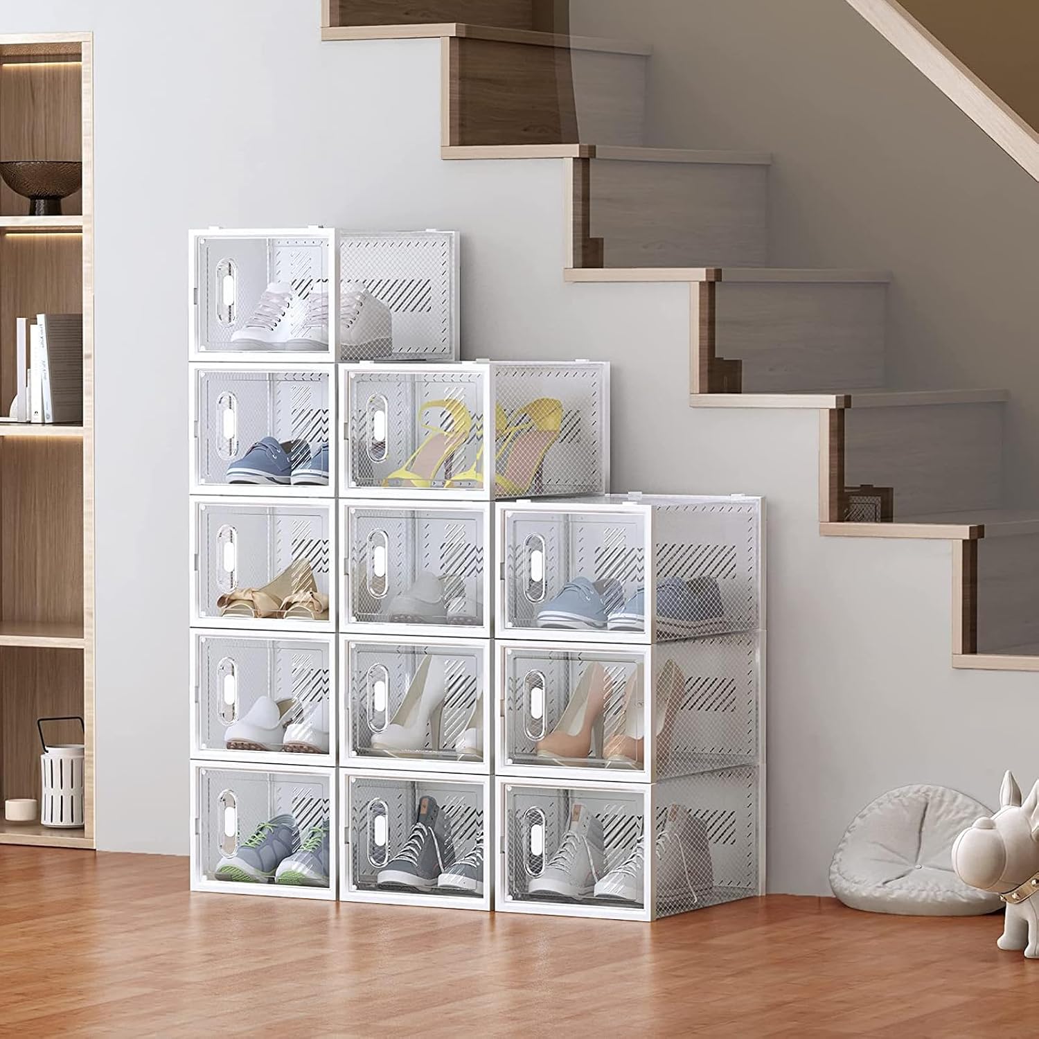 6-Pack Clear Plastic Stackable Shoe Storage Boxes for Sneakers, Boots, for Entryway, Living Room, Bedroom, Garage, Car Trunk, as Shoe Rack Substitute and Display Case for Small Space Organization