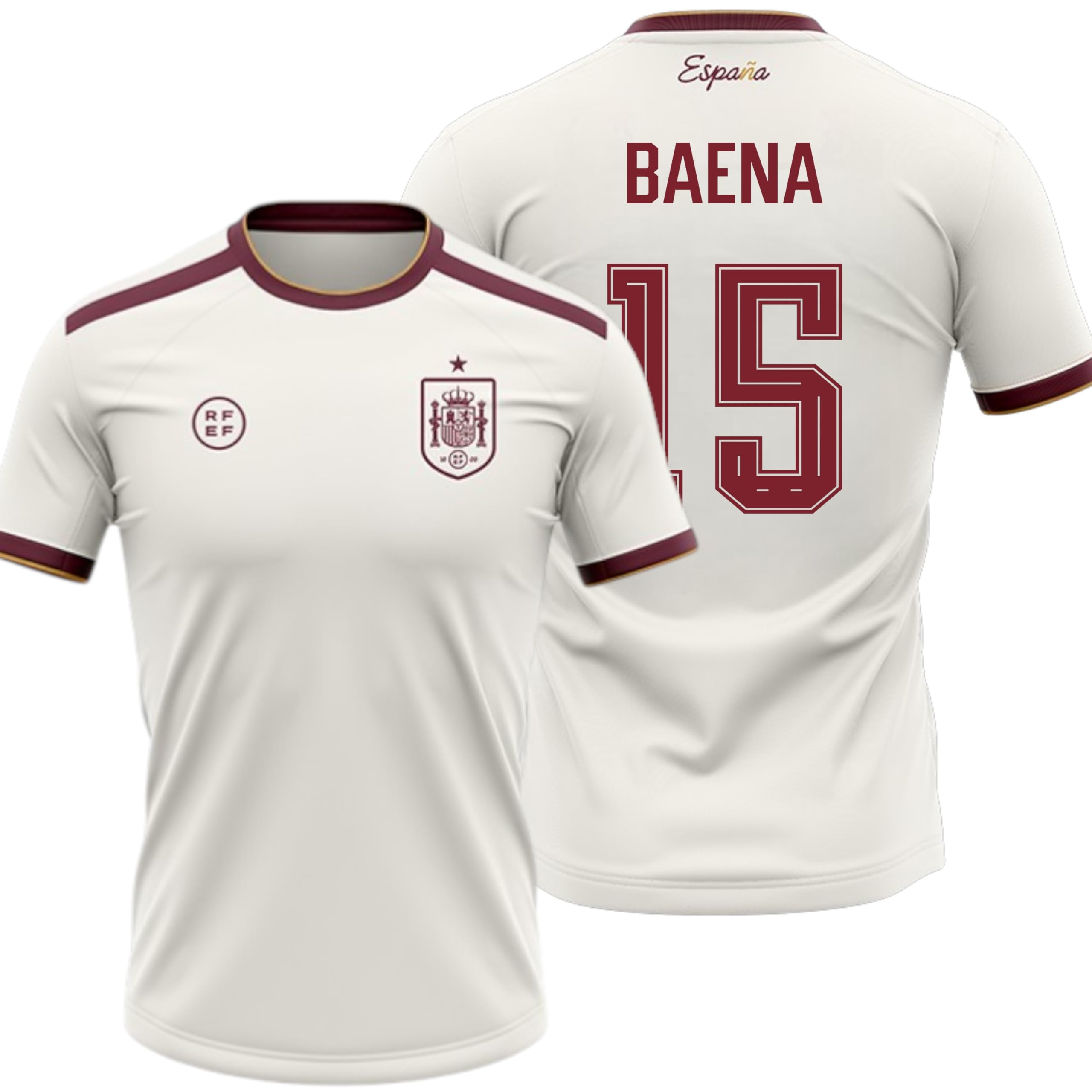 Camiseta España 2026-2028 | Baena 15 Dorsal y Nombre | Color Blanco con Detalles Granate | Manga Corta | Diseño Futbol Aficionados | Tejido Transpirable Deportivo