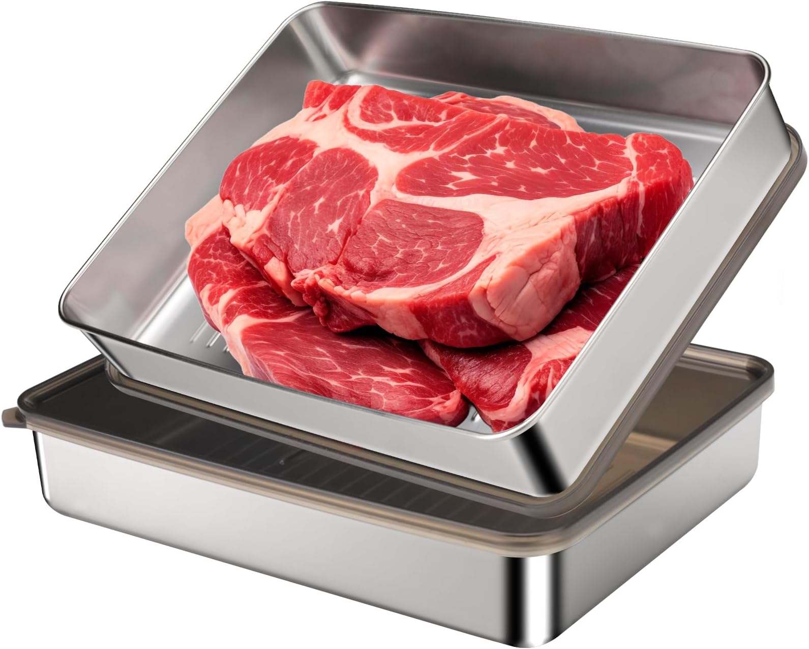 2 Pieces 304 Stainless Steel Bacon Container for Refrigerator, Airtight Meat Container Storage Box with Lids and Raised Bottom, Cold Cut Bacon Cheese Holder Food Organizers for Vegetables (Sliver)