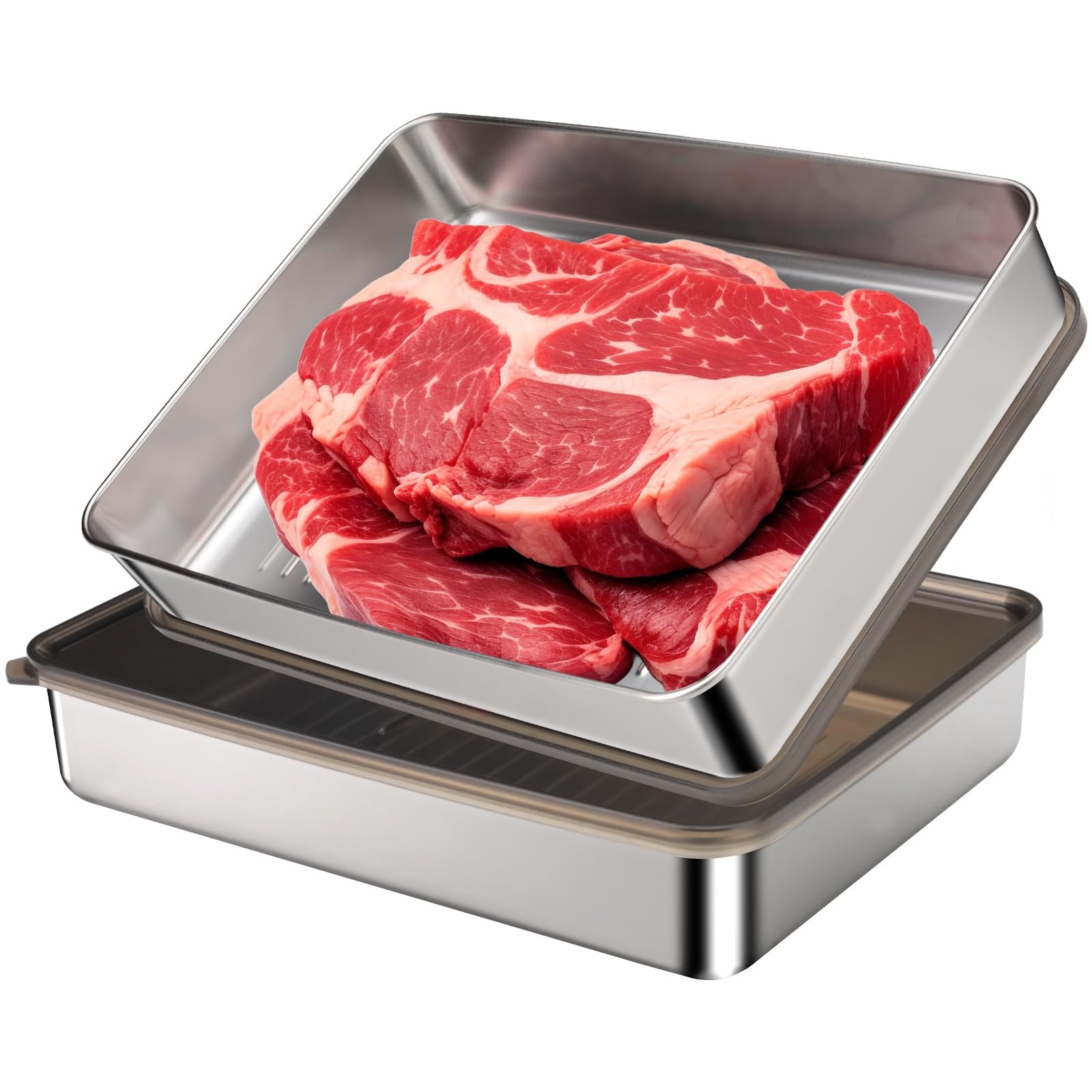 Yitexin Silver 2 Pieces 304 Stainless Steel Bacon Container For Refrigerator, Airtight Meat Container Storage Box With Lids And Raised Bottom, Cold Cut Bacon Cheese Holder Food Organizers For Vegetables (Sliver)