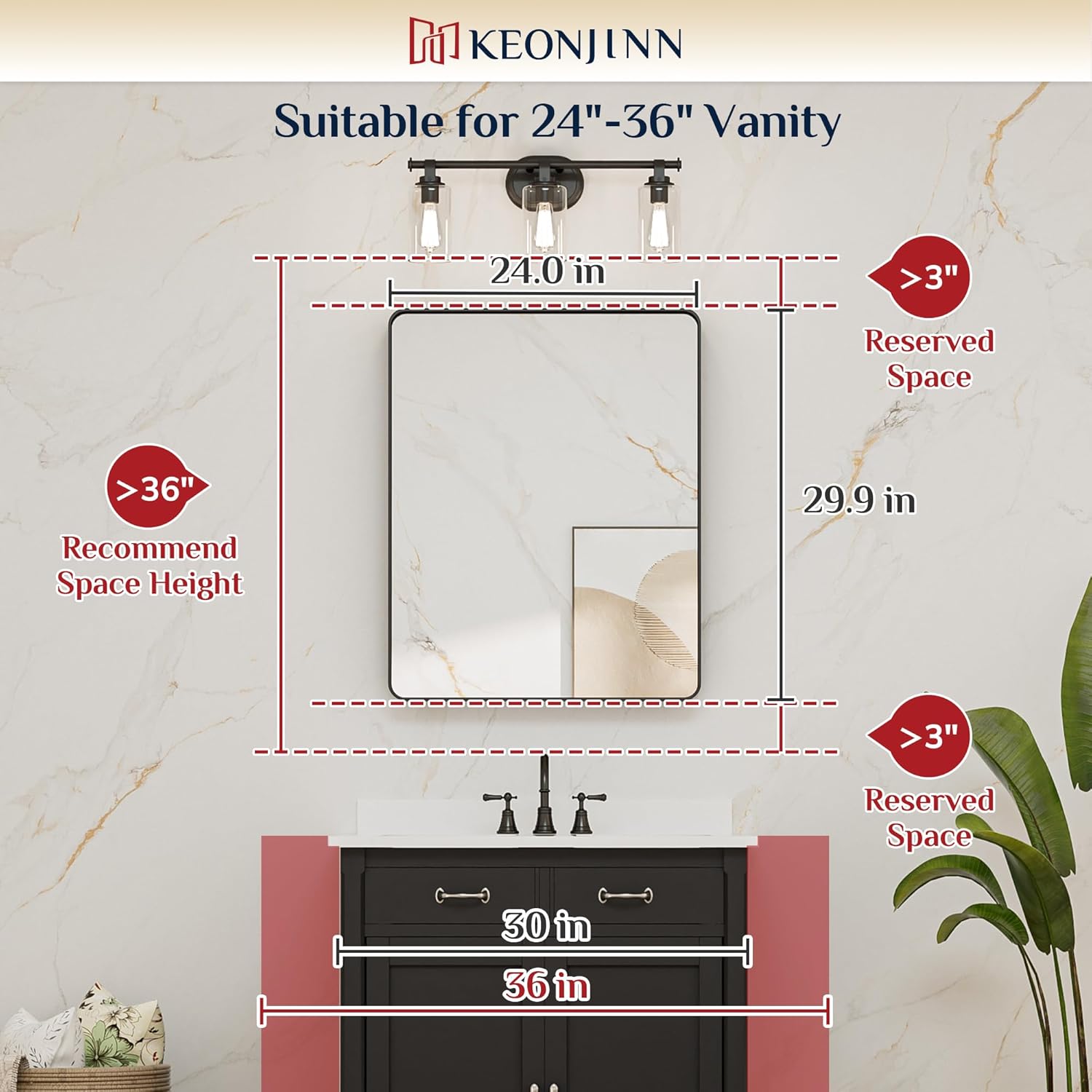 Keonjinn 24 x 30 Inch Brushed Nickel Bathroom Mirrors for Over Sink, Rounded Rectangle Silver Bathroom Vanity Mirror, Farmhouse Mirror for Wall, HD Tempered Glass, Anti-Rust Aluminum Alloy Mirror