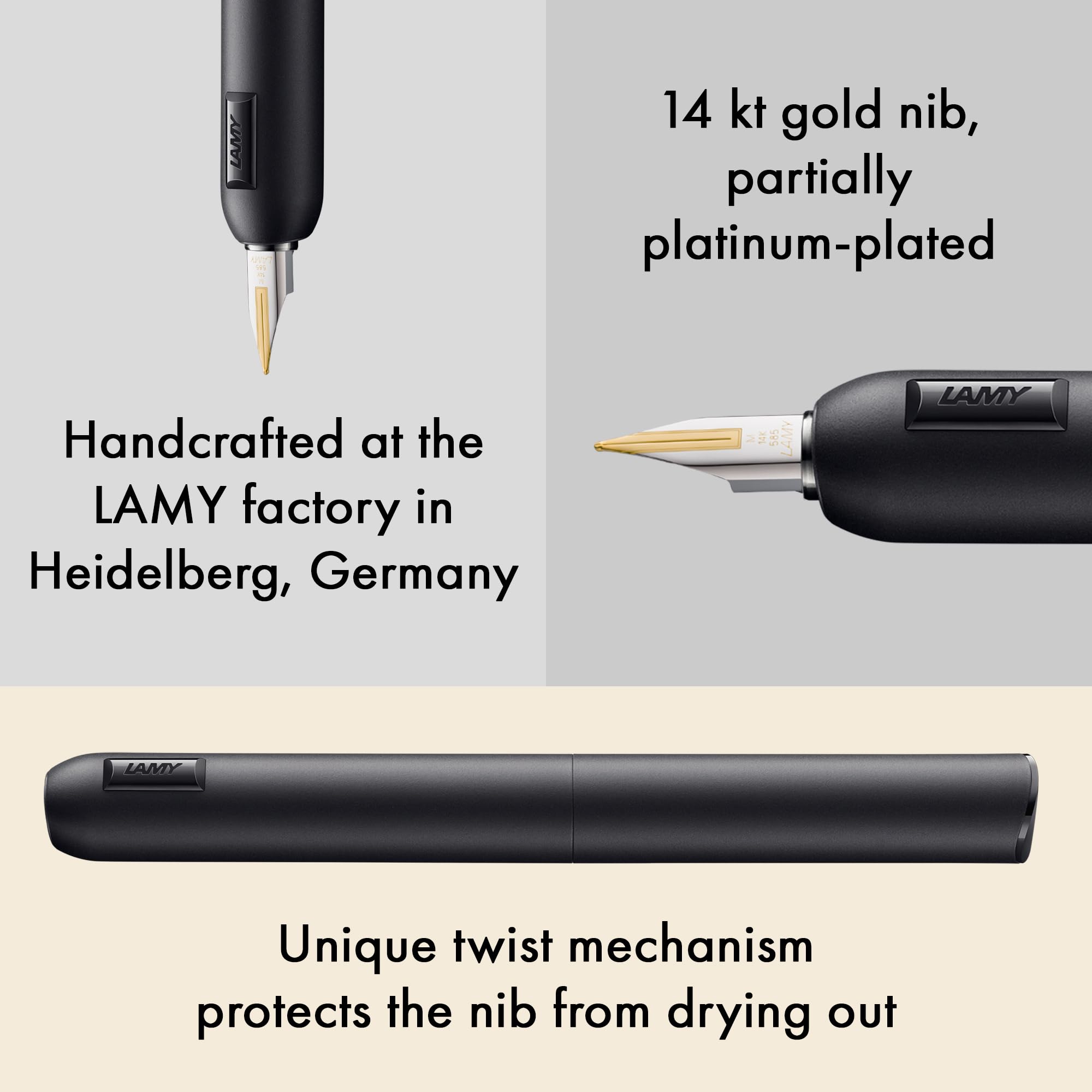 Lamy Dialog CC All Black - Pióro wieczne bez zatyczki z mechanizmem obrotowym - stalówka 14 kt dwukolorowa złota, częściowo platynowana i w rozmiarze F - w zestawie wkład atramentowy T 10 niebieski i