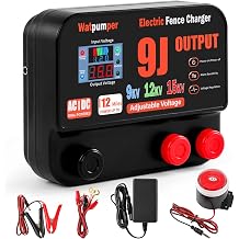 10 Joule Electric Fence Charger, 10 Joule Stored / 9 Joule Output Electric Fence Energizer, Adjustable 9KV 12KV 15KV Output Voltage, Range 12 Miles, Dual Power 12V DC / 100-240V AC, with Alarm
