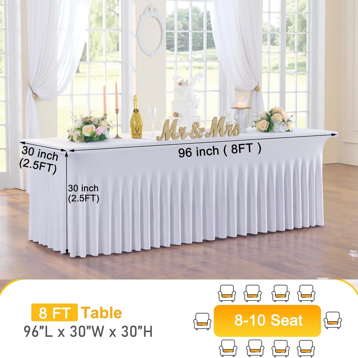 6pk White 8ft Spandex Tablecloths for Rectangle Tables, Wrinkle Free Wavy White Table Skirt Stretchy Fitted Table Cloth Covers 8 Foot for Weddings Birthday Party Events Banquette Baby Shower
