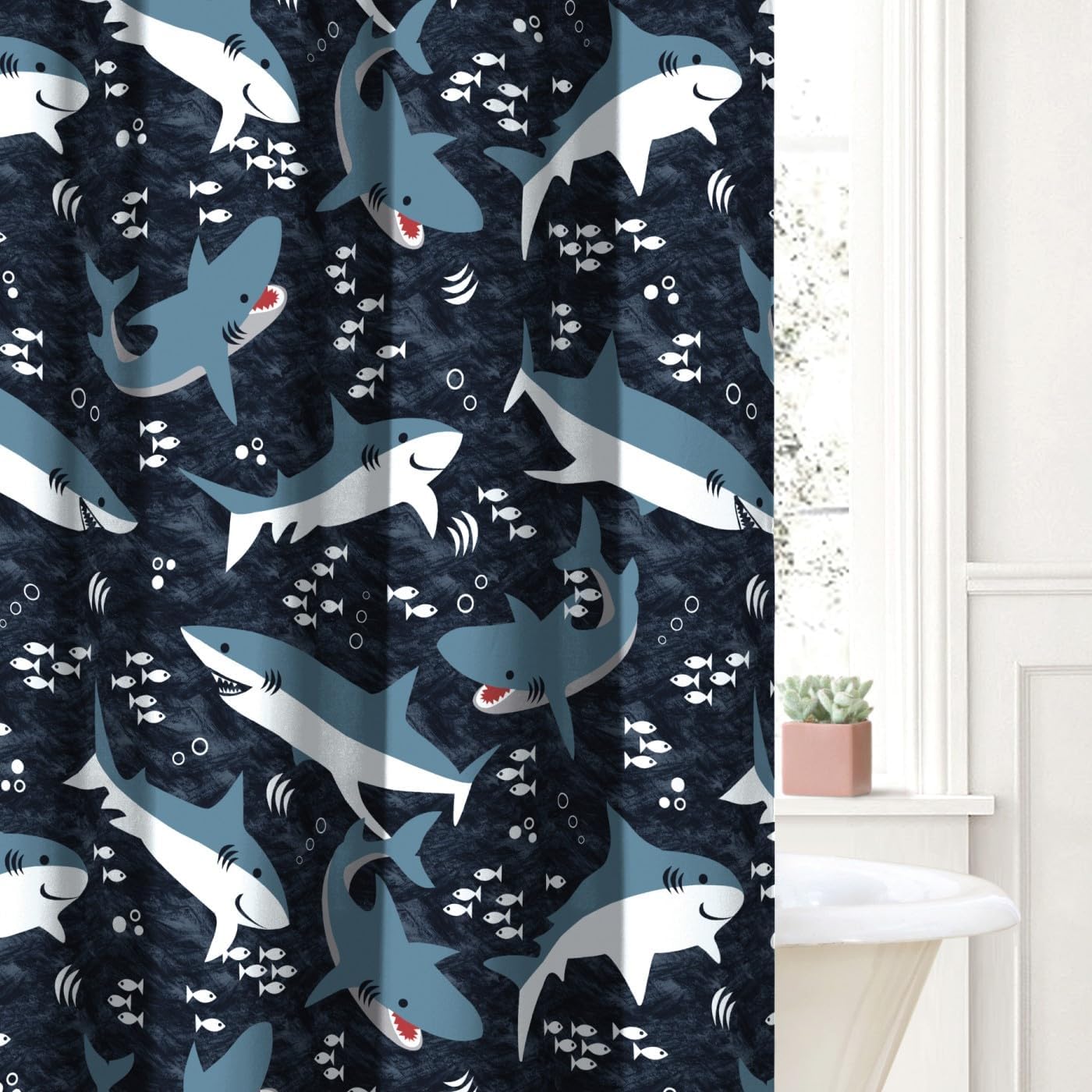 Dream Factory Kids Fabric Shower Curtain for Bathroom, 72W x 72L, Blue Sharks