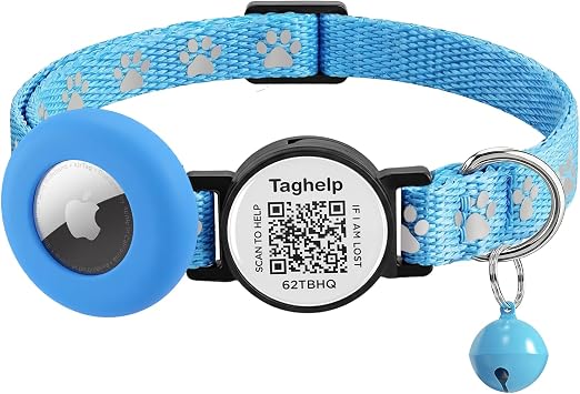 QR Code & AirTag Reflective Breakaway Cat Collar with Bell Smart Scan Pet ID Tag & Apple AirTag Holder, 0.4" Width Lightweight Safety Kitten Collar for Girl Boy Cats Reflective Strip-Blue