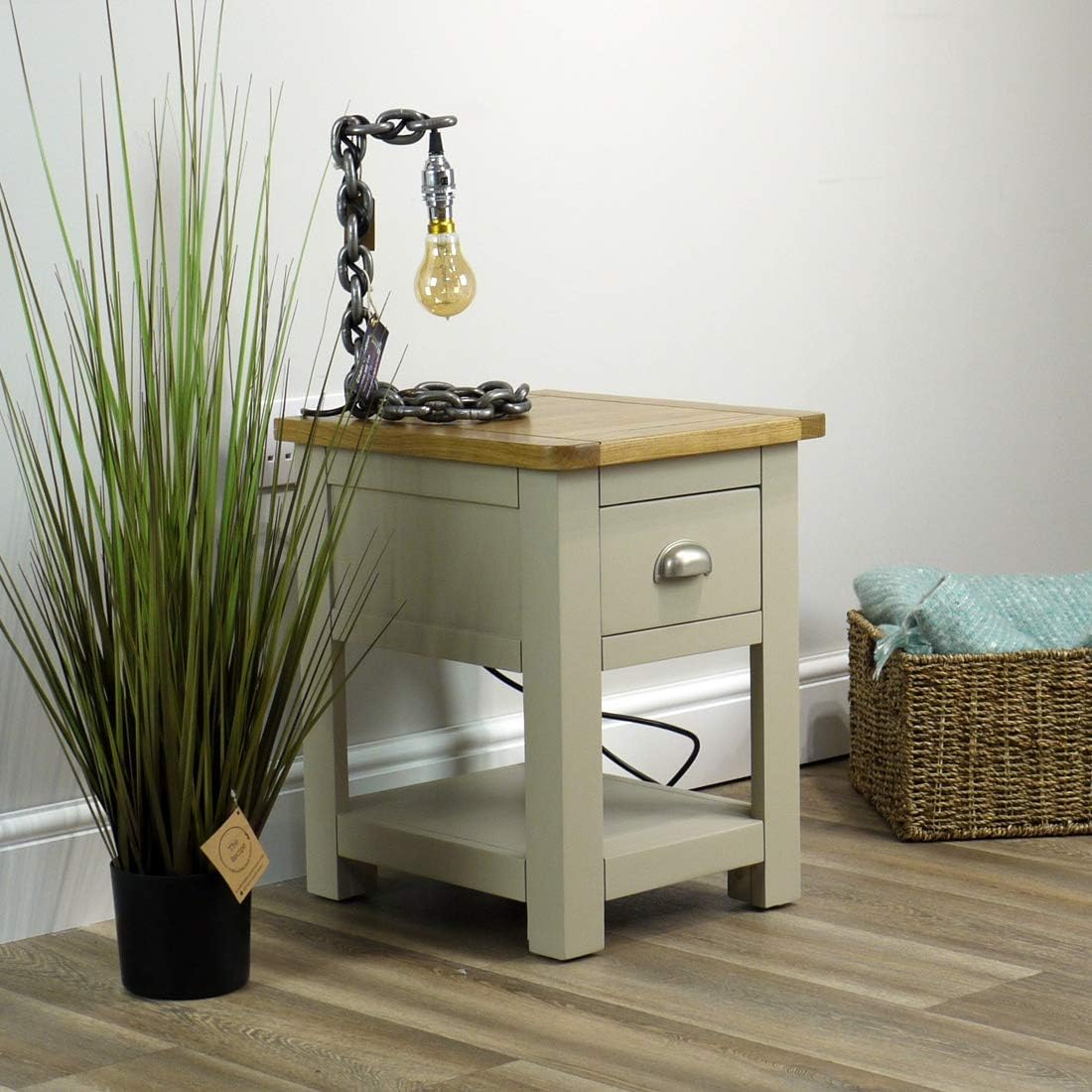 Wellington Painted Oak Grey 1 Drawer Lamp Table & Shelf - With Solid Oak Top