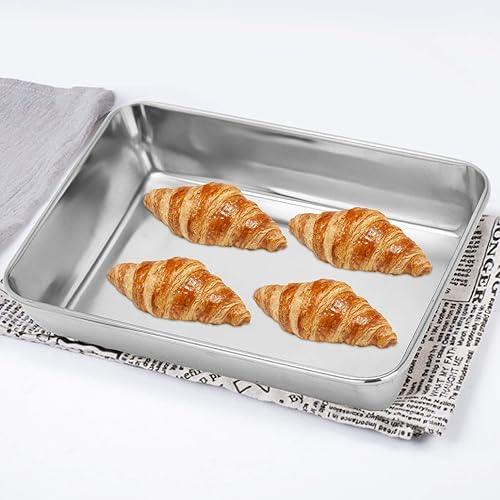 Miniatura 4 de Mornon - Sartén para hornear de acero inoxidable con bandeja pequeña de metal para galletas, superficie de espejo de alto grado, fácil de limpiar,