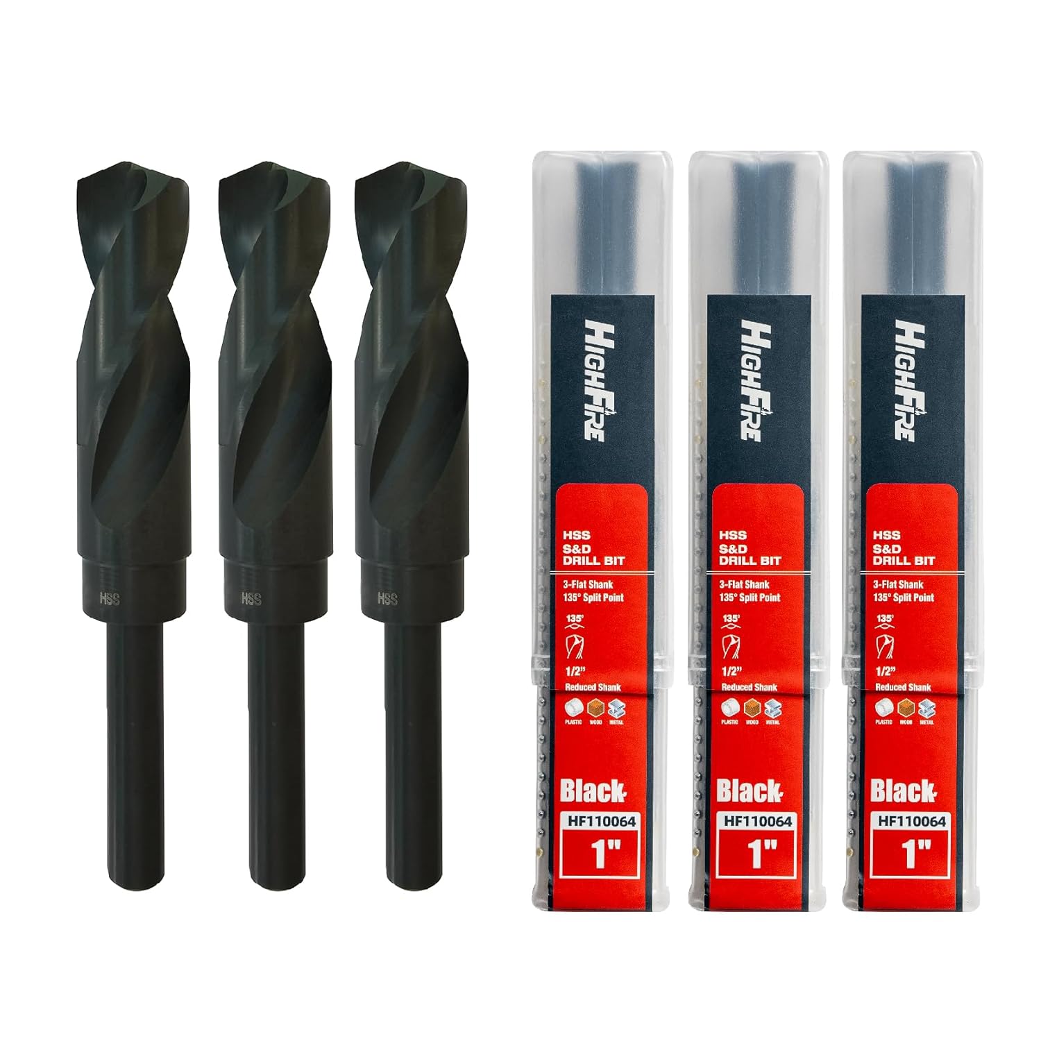 HIGHFIRE 3 PCS 1" HSS Reduced Shank Drill Bits, Silver and Deming Drill Bit with 3-Flat Shank for Aluminum Plate Copper Wood Stainless Steel, 135 Degrees Split Point