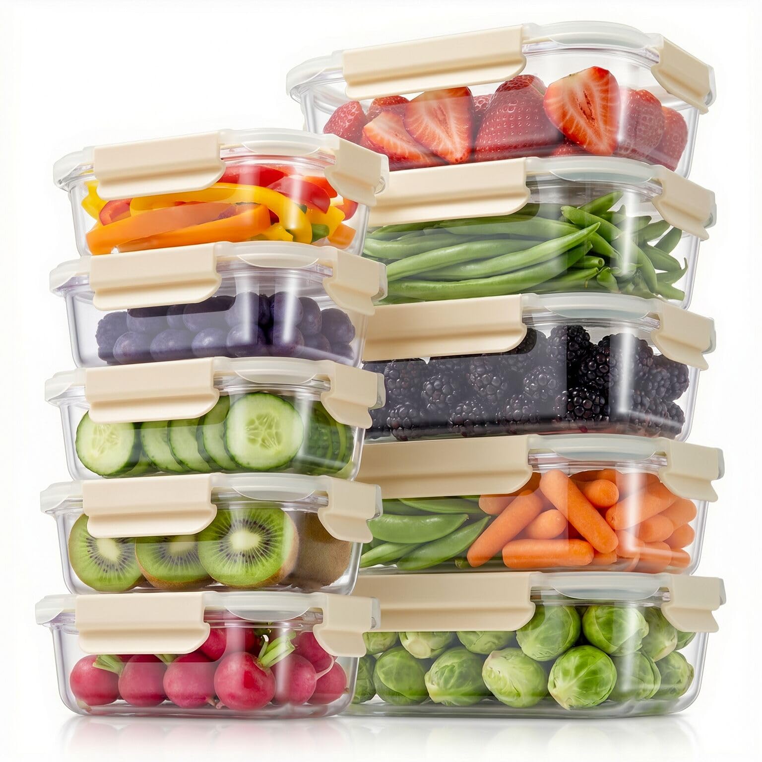 Confezione da 10 contenitori per alimenti in vetro con coperchi ermetici, contenitori per la preparazione dei pasti, set di contenitori con coperchio senza BPA, per alimenti, bento box, microonde