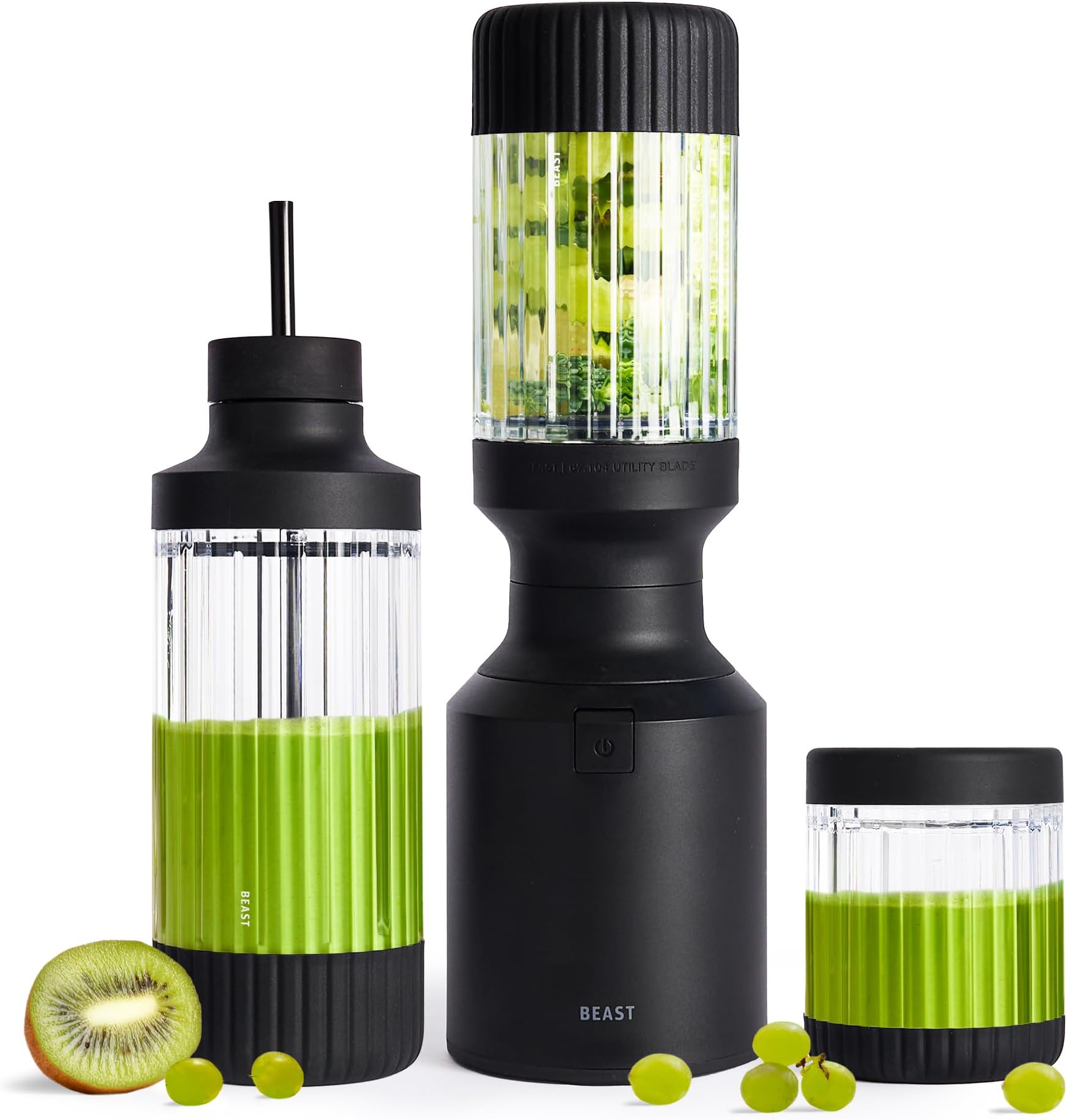 Beast Mighty 850 Plus | Premium Compact Personal Blender | Smoothies, Shakes, Dressings, Sauces | Blends Ice and Frozen Fruit | New XL Vessel | Extra Vessels, Lids and Straws | 850W (Carbon Black)