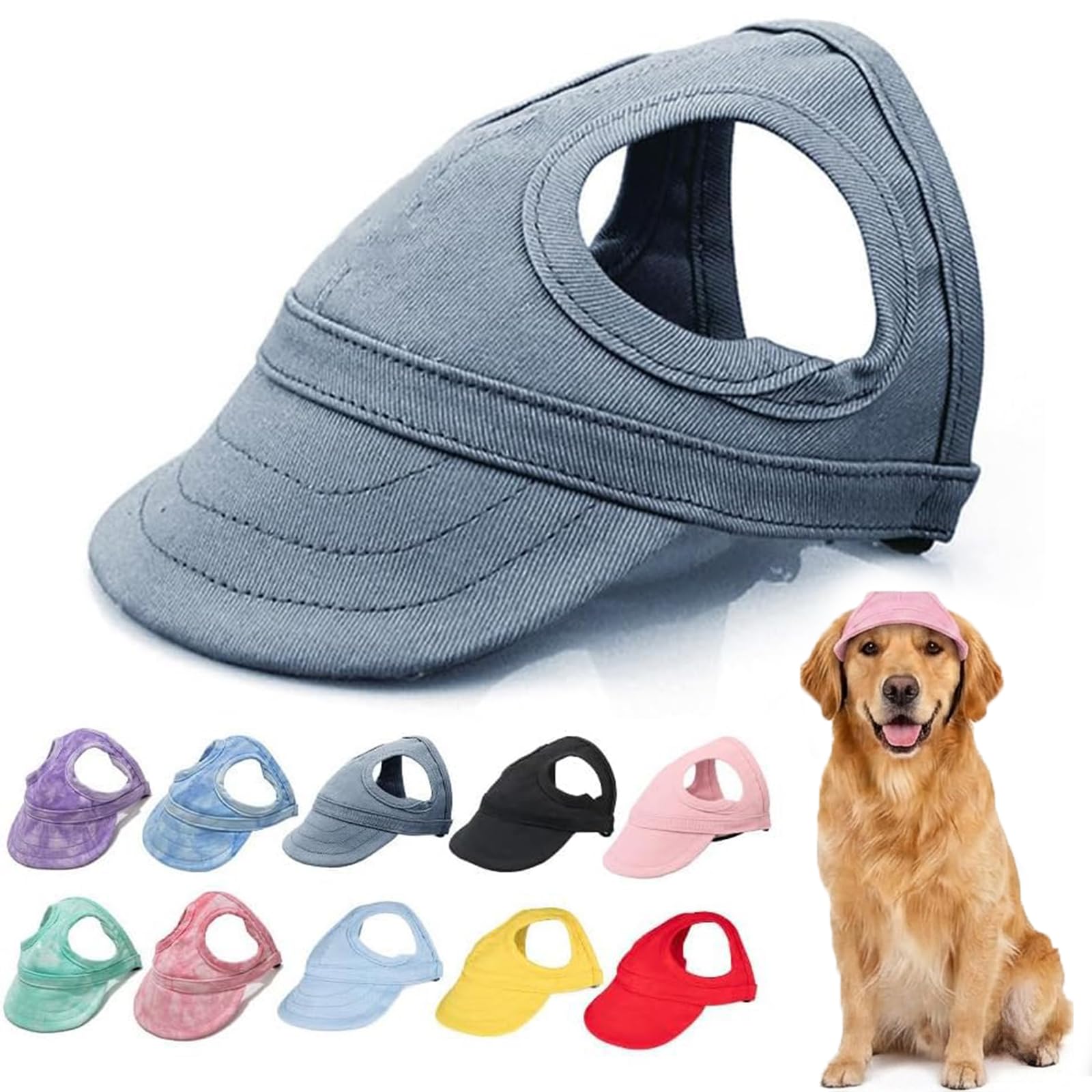 Dog Baseball Cap for Small Medium Dogs, Breathable Canvas Pet Sun Hat with Ear Holes, Adjustable & Anti-Slip Outdoor Visor (Dark Blue,Small)