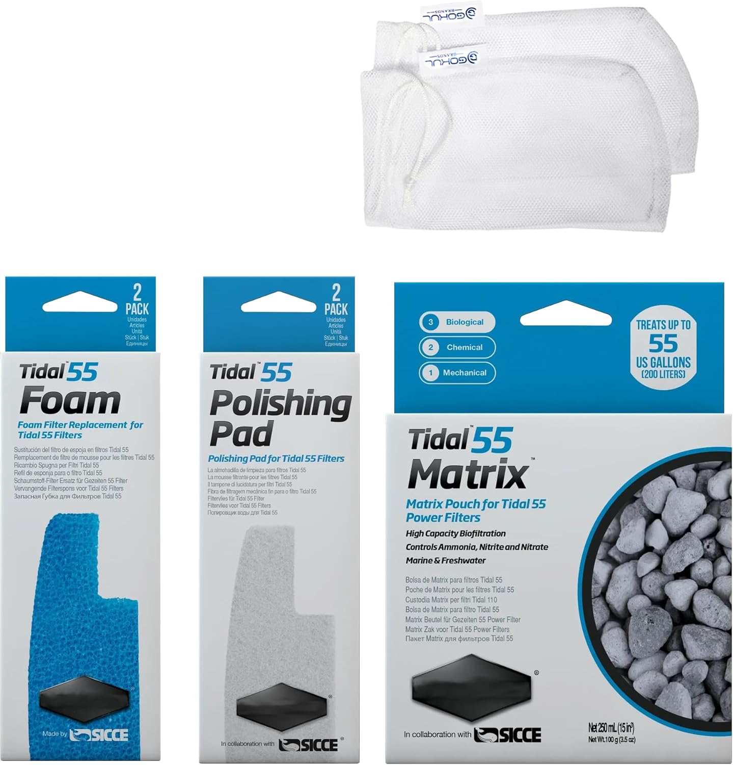 Tidal 55 Filter Maintenance and Replacement Filter Media Kit, Including Gokul Brands Aquarium Filter Media Bags (Tidal 55 Polishing Pads, 55 Foam Filter Sponge, 55 Matrix Bio Media)