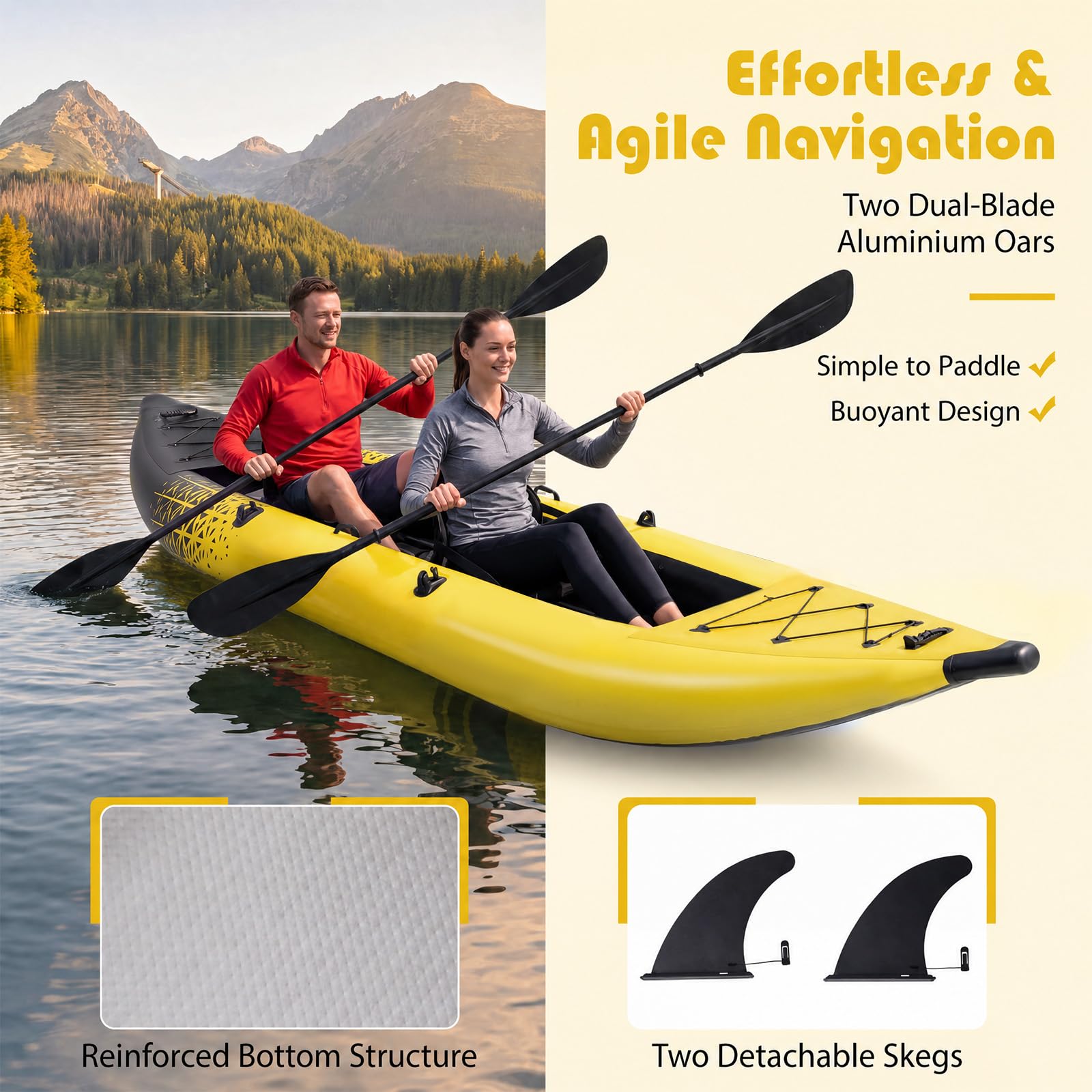 HOMASIS Kayak Gonflable 2 Places en PVC, Canoë Gonflable avec 2 Palettes Réglables, Sac de Transport, Pompe à Main et Kit de Réparation, Bateau Gonflable Mer pour Adultes, 382x94x40cm