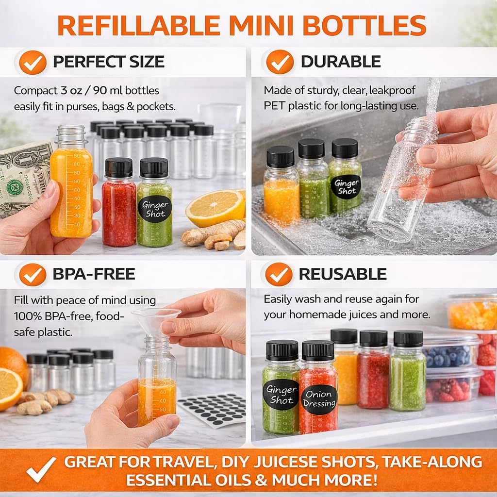 150 Pack 3 oz Plastic Juice Shot Bottles with Caps, Scale, Labels & Funnels, Clear Mini Portion Bottles for Ginger Shots, Sauces, Travel Liquids