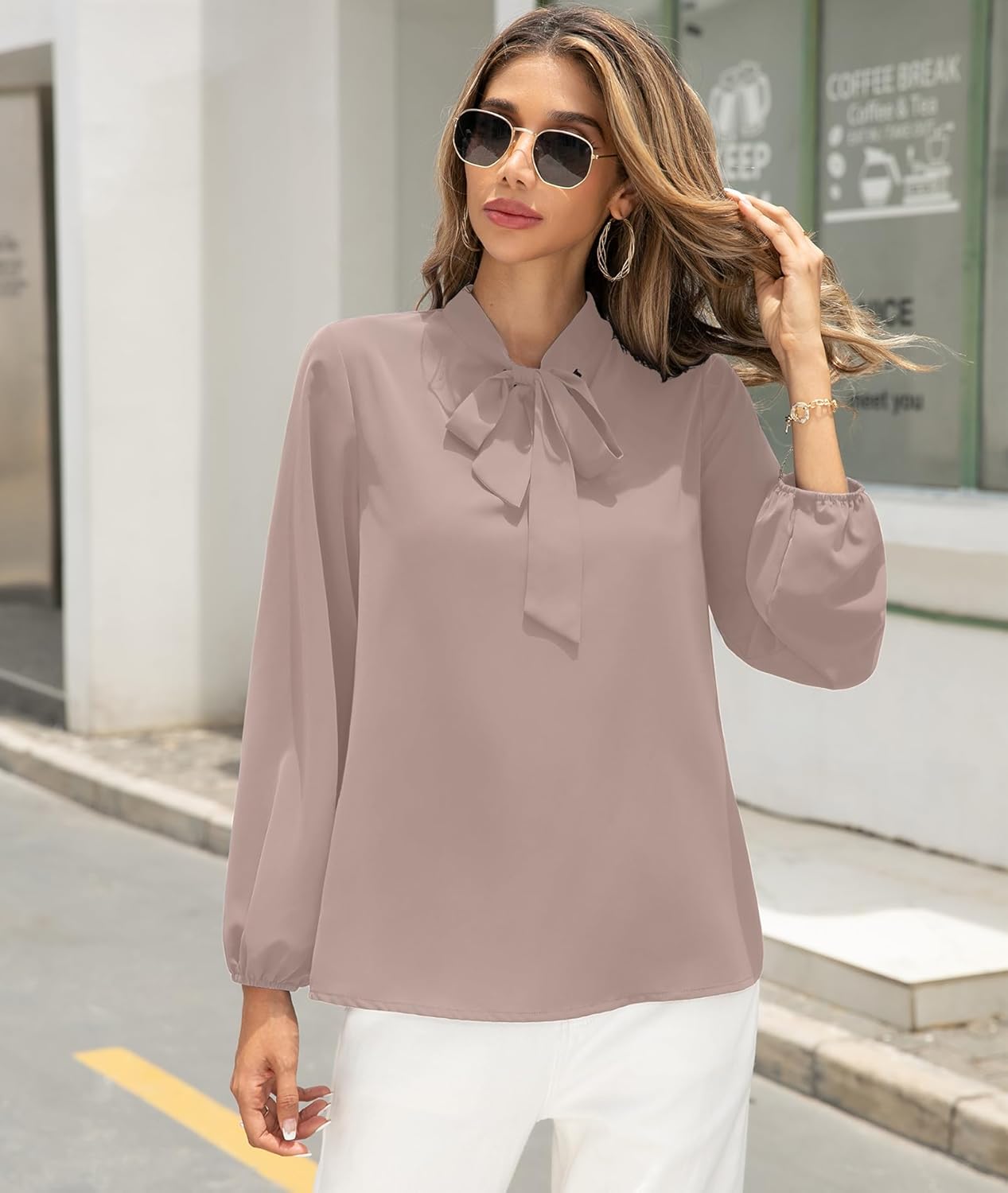 CZYINXIAN Womens Dressy Chiffon Blouse Business Work Casual Tie Neck Shirt Tops - Image 4