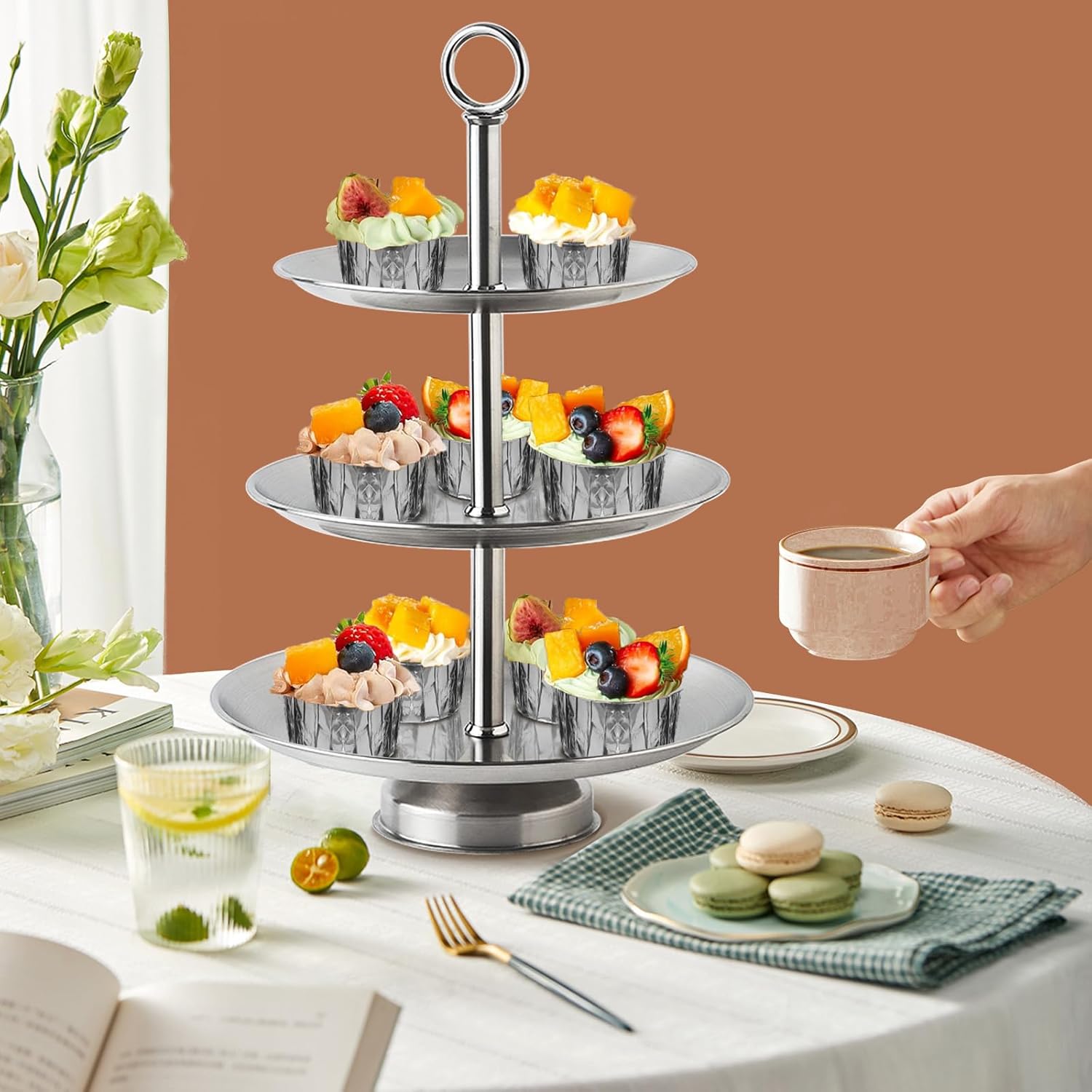 3 Tier Silver Metal Cupcake Stand Holder,Stainless Steel Cup Cake Stand Tower with Tiered Serving Tray and Base for Parties,Weddings,Birthdays and Any Festivals and Celebrations(2 Pack)