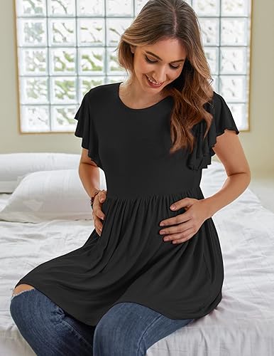 Miniatura 4 de HOTOUCH Camisetas de maternidad para mujer, estilo casual, peplum, blusa de embarazo, camisas de maternidad de manga corta