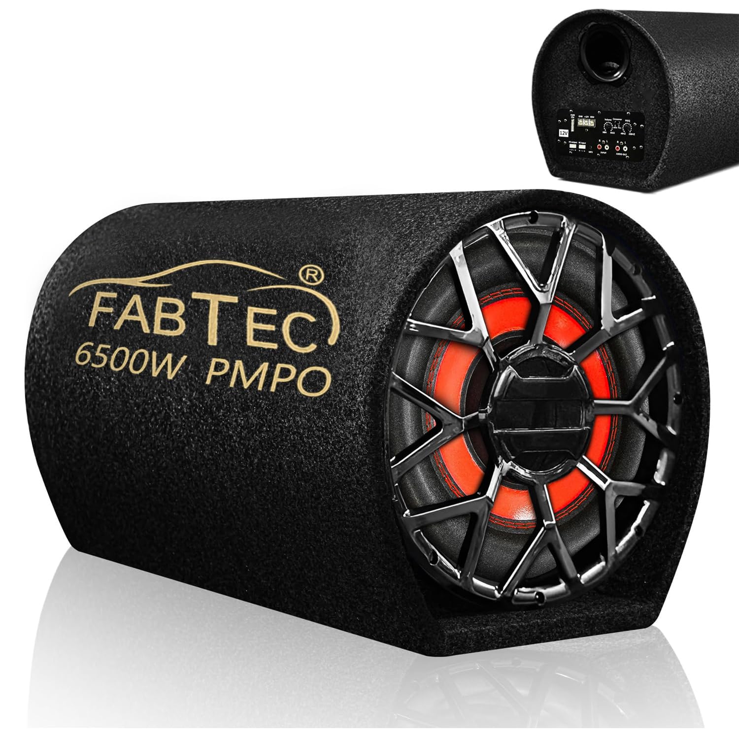 FABTEC 12” 6500W Active Bass Tube Subwoofer for Car Built-in Amplifier Deep Punchy Bass Premium Grey Finish