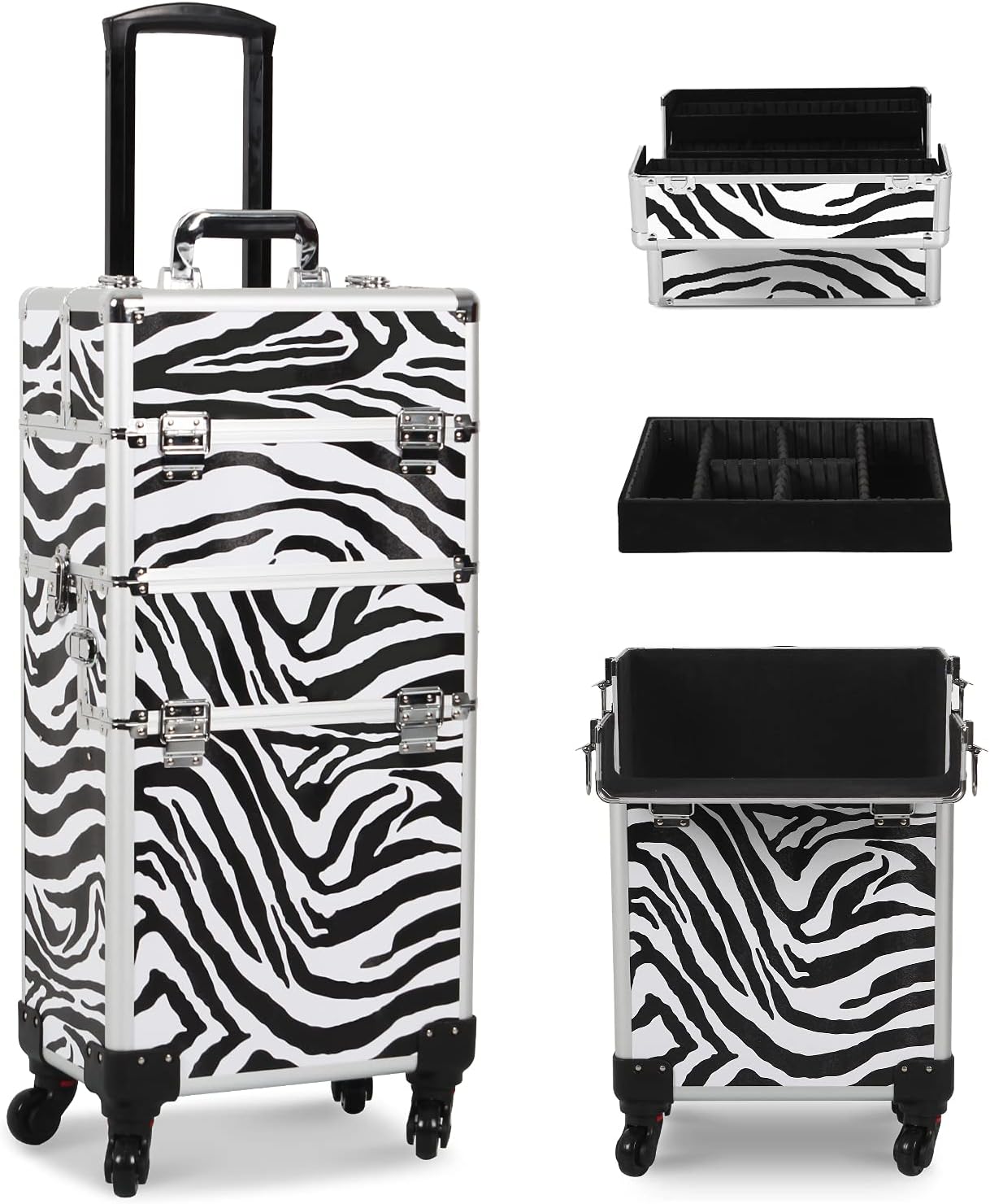3 in 1 Rolling Makeup Case, Professional Cosmetic Rolling Cases, Beauty Storage Trolley with Wheels and Folding Trays, Locks and Swivels, Zebra