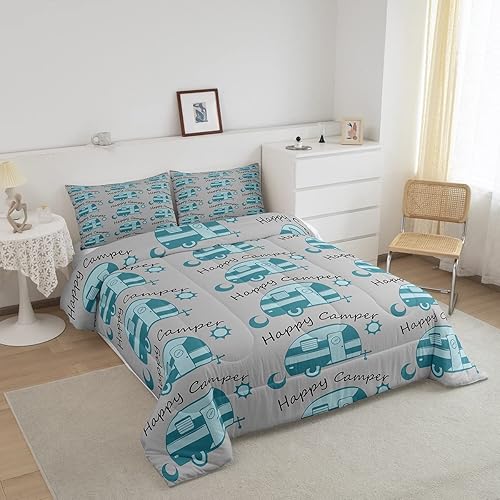 Miniatura 2 de Erosebridal Edredón con temática de cámper, juego de edredón de campamento feliz tamaño Queen con 2 fundas de almohada, relleno de edredón estampado