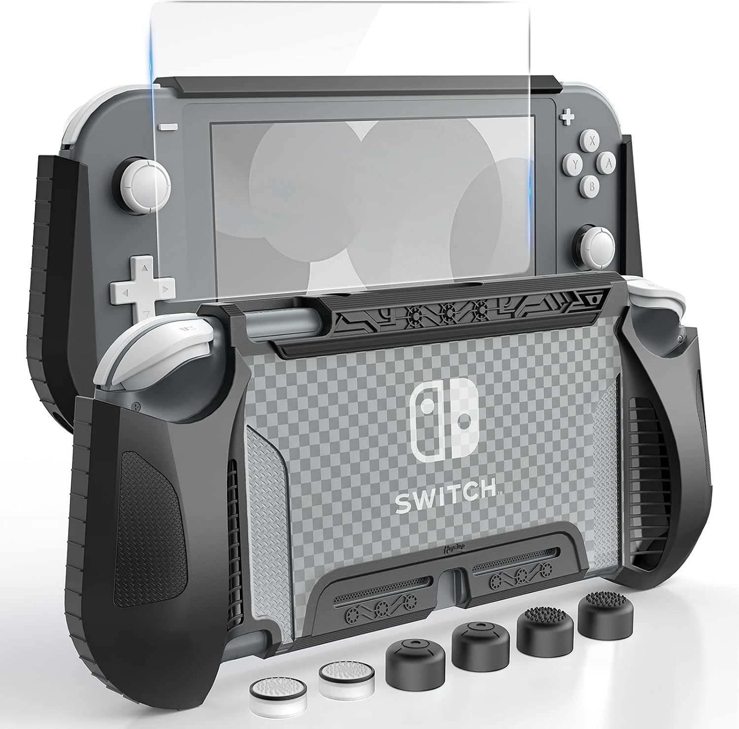 HEYSTOP Case Compatible with Nintendo Switch Lite, with Tempered Glass Screen Protector and 6 Thumb Grip, TPU Protective Cover for Switch Lite with Anti-Scratch/Anti-Dust (Black)