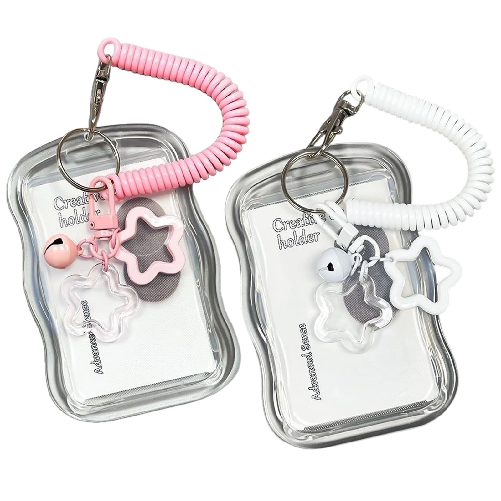 shirylzee 2Pcs Photocard Holder Keychain, Pink and Blue Transparent Photo Card Holder, Water Resistant Photocard Holder for Bus and Student Card