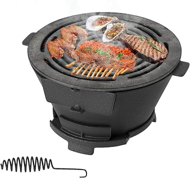 Hibachi Grill, Portable Cast Iron Charcoal Grill with Air Regulating Door & Fire Gate, Grate Lifter, Small Tabletop Japanese Yakitori Grill for Outdoor Camping, Picnic, Party Round
