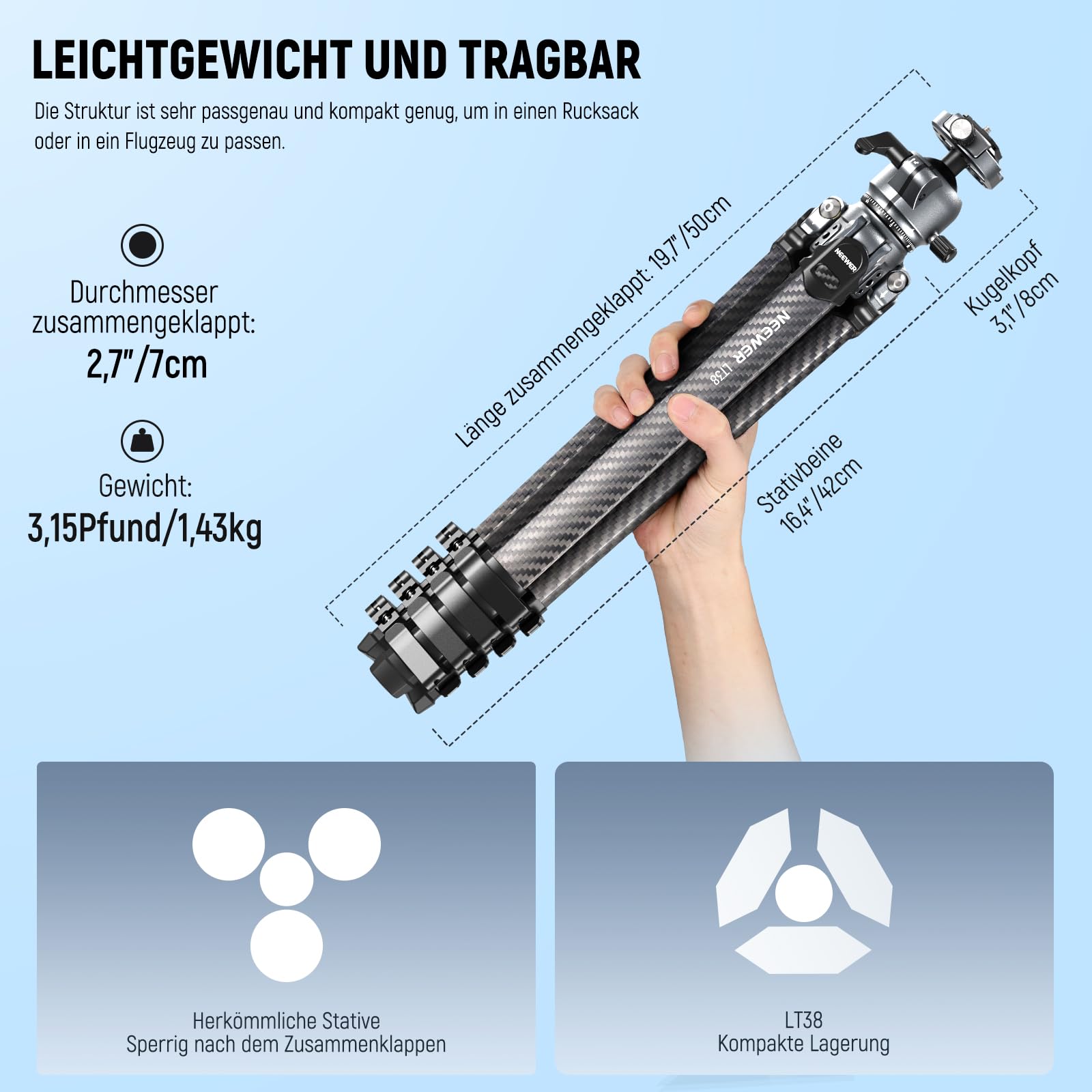Neewer LITETRIP LT38 Kamera Reisestativ aus Kohlefaser 360° Schwenk/Neige niedrige Profil Kugelkopf flexible Mittelachse Arca QR Platte kompatibel mit Peak Design Stativ Clip V3 max Last – Bild 2