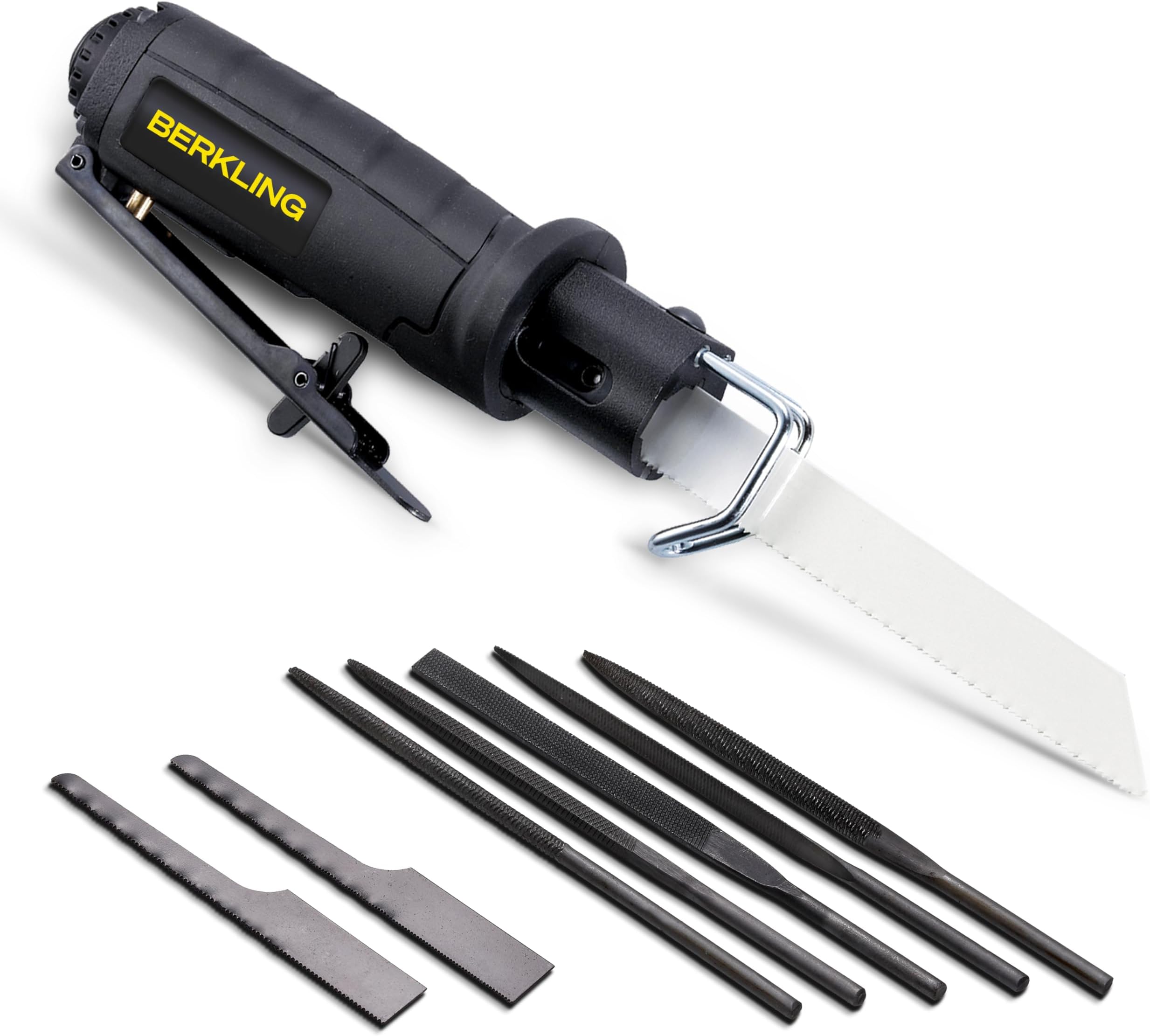 7102 Air Saw with 8 pcs Accessories Set (Metal cutting Blades 24T 32T 18T and 5 Files) Compact Low Vibration Multi-function Pneumatic Reciprocating Body Saw Air Powered Mini Tool