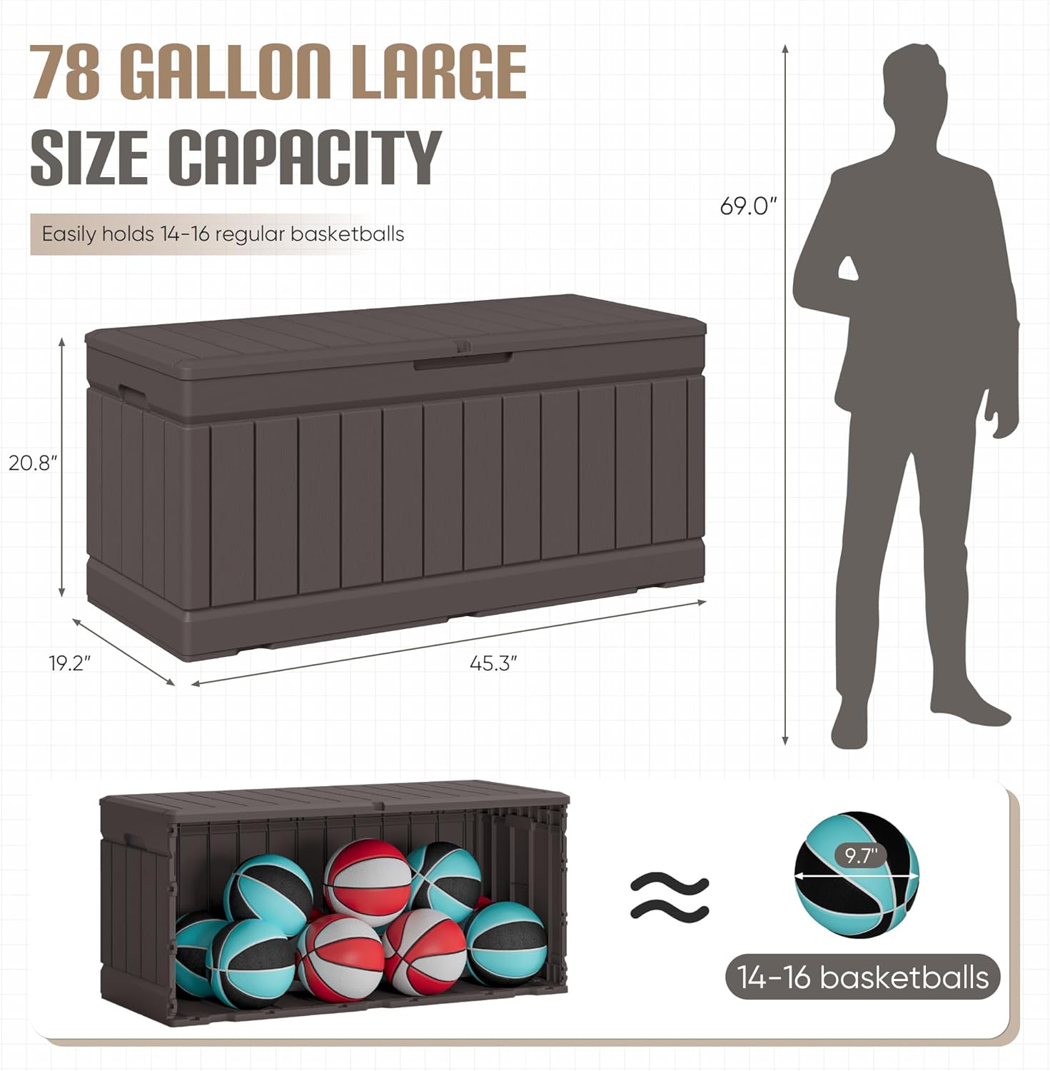 JUMMICO 78 Gallon Outdoor Deck Box Large Resin Storage Box for Patio Furniture Cushions and Garden Tools (Brown)